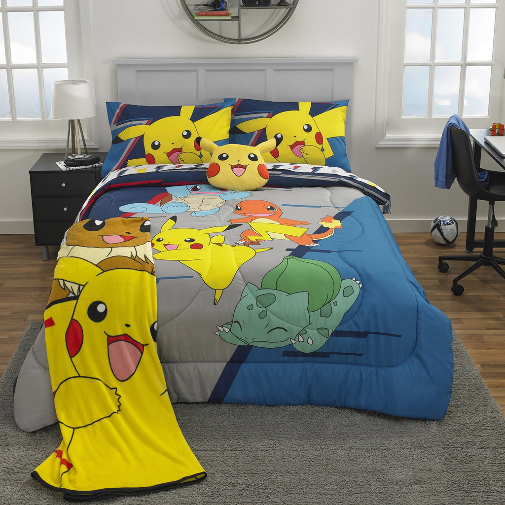 Pokemon Kids 5 Piece Gray Blue Reversible Comforter, Bed in a Bag, Full