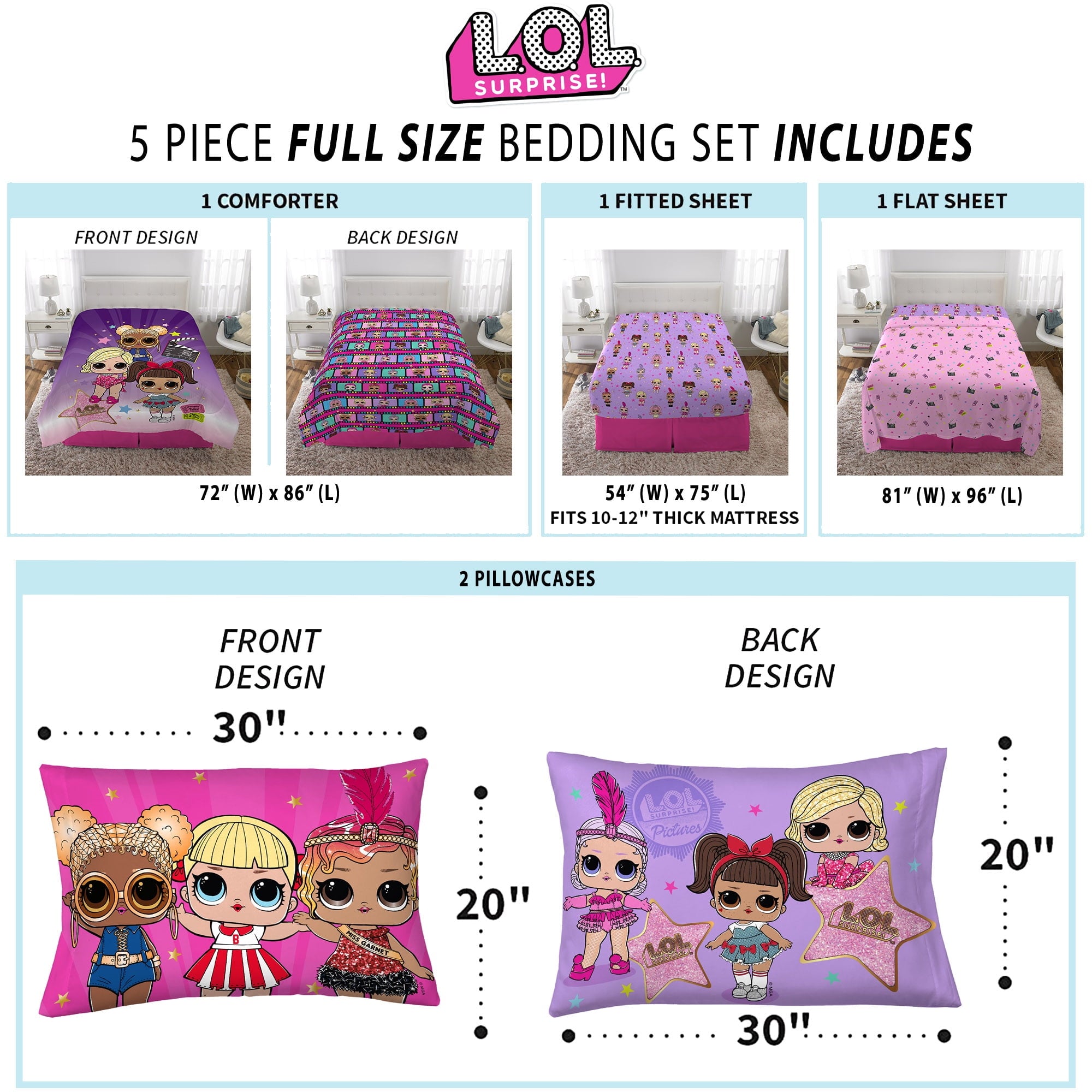 LOL Surprise Kids 5 Piece Purple Pink Reversible Comforter, Bed in a Bag, Full