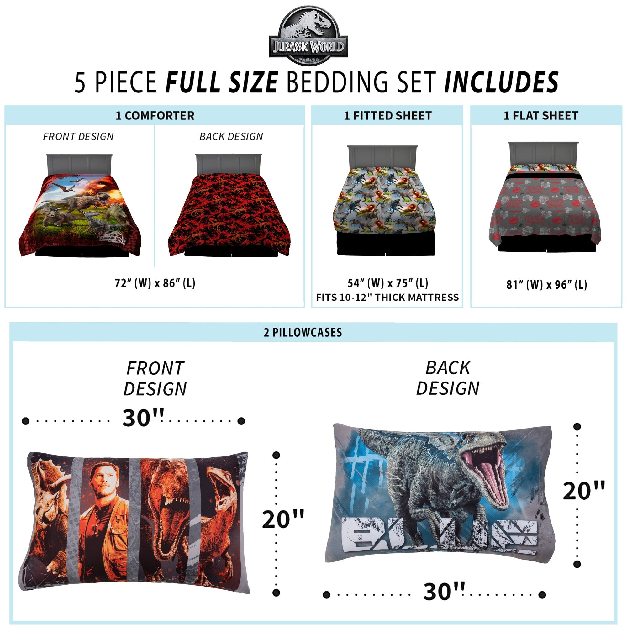 Jurassic World Kids 5 Piece Black Red Reversible Comforter, Bed in a Bag, Full