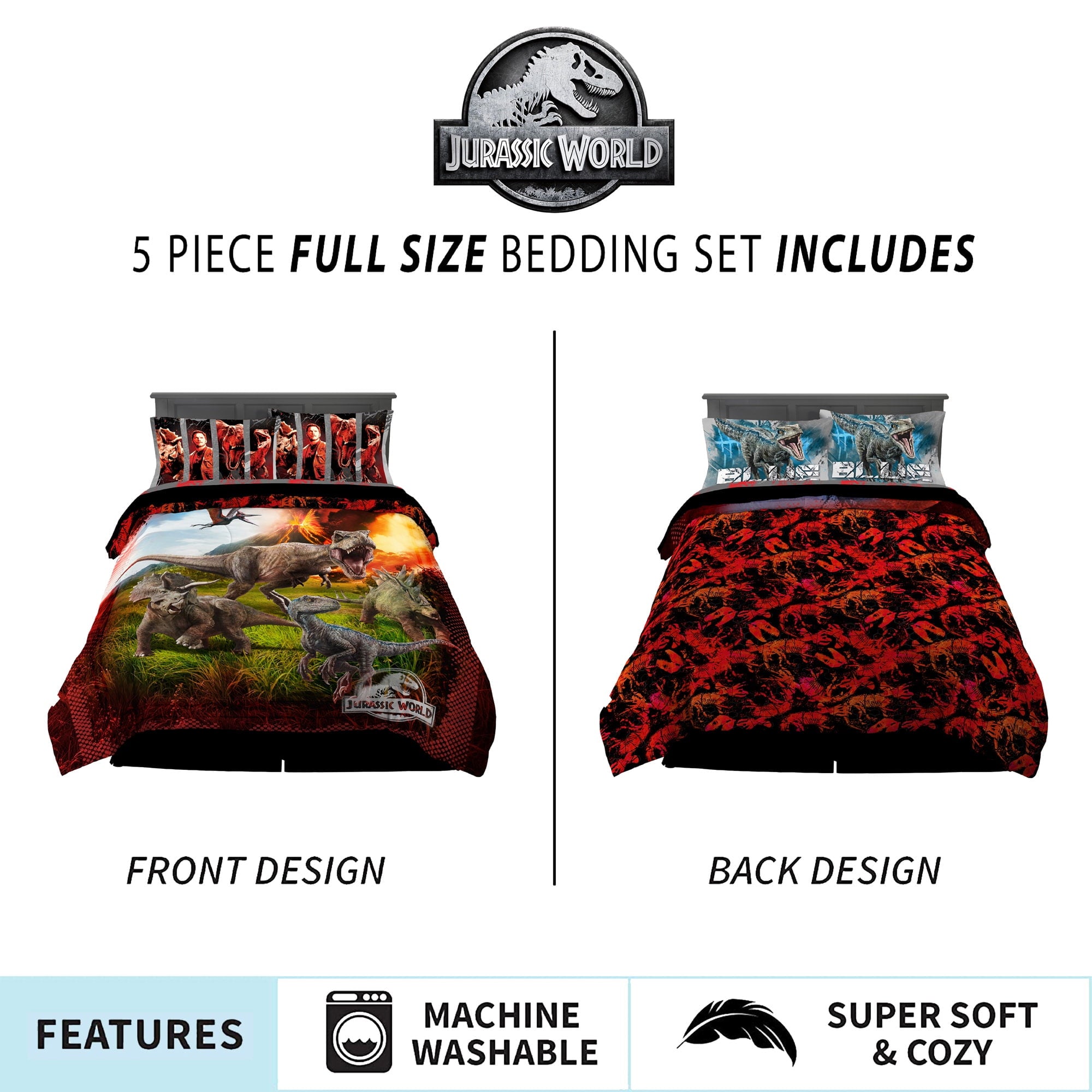 Jurassic World Kids 5 Piece Black Red Reversible Comforter, Bed in a Bag, Full