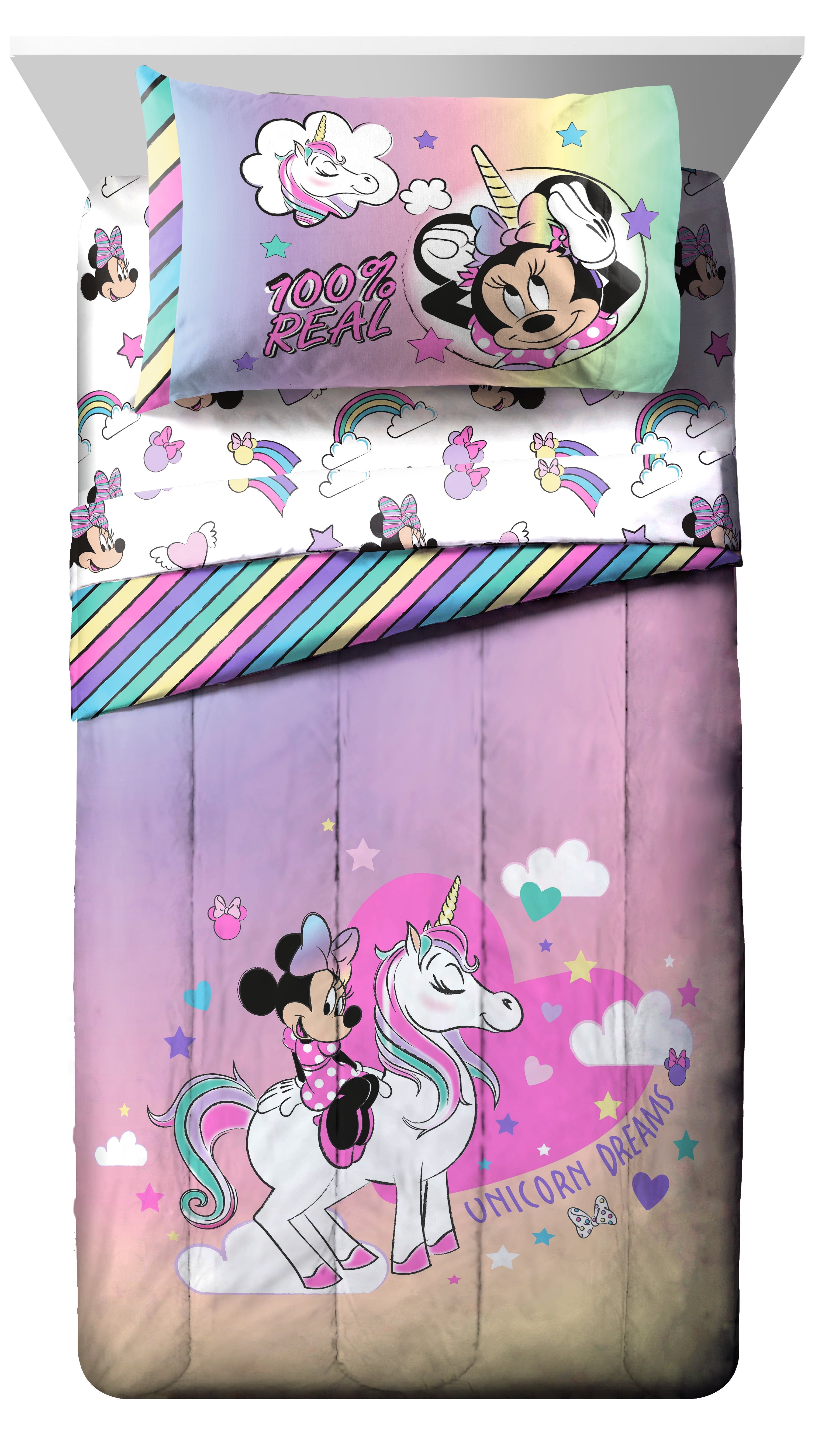 Minnie Mouse Rainbow Unicorn Dreams Kids Pink 100% Microfiber 7-Piece Bedding Set, Full