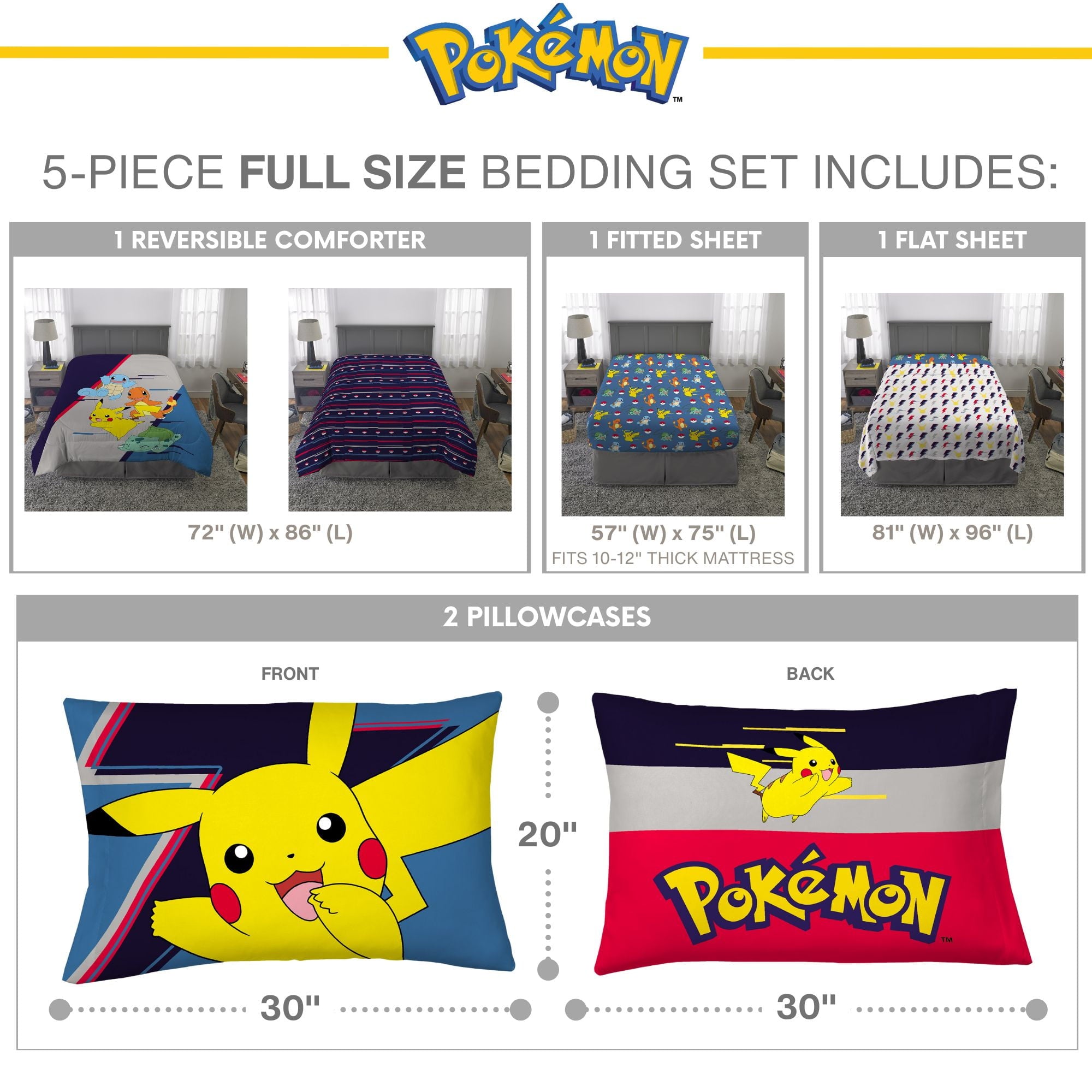 Pokemon Kids 5 Piece Gray Blue Reversible Comforter, Bed in a Bag, Full