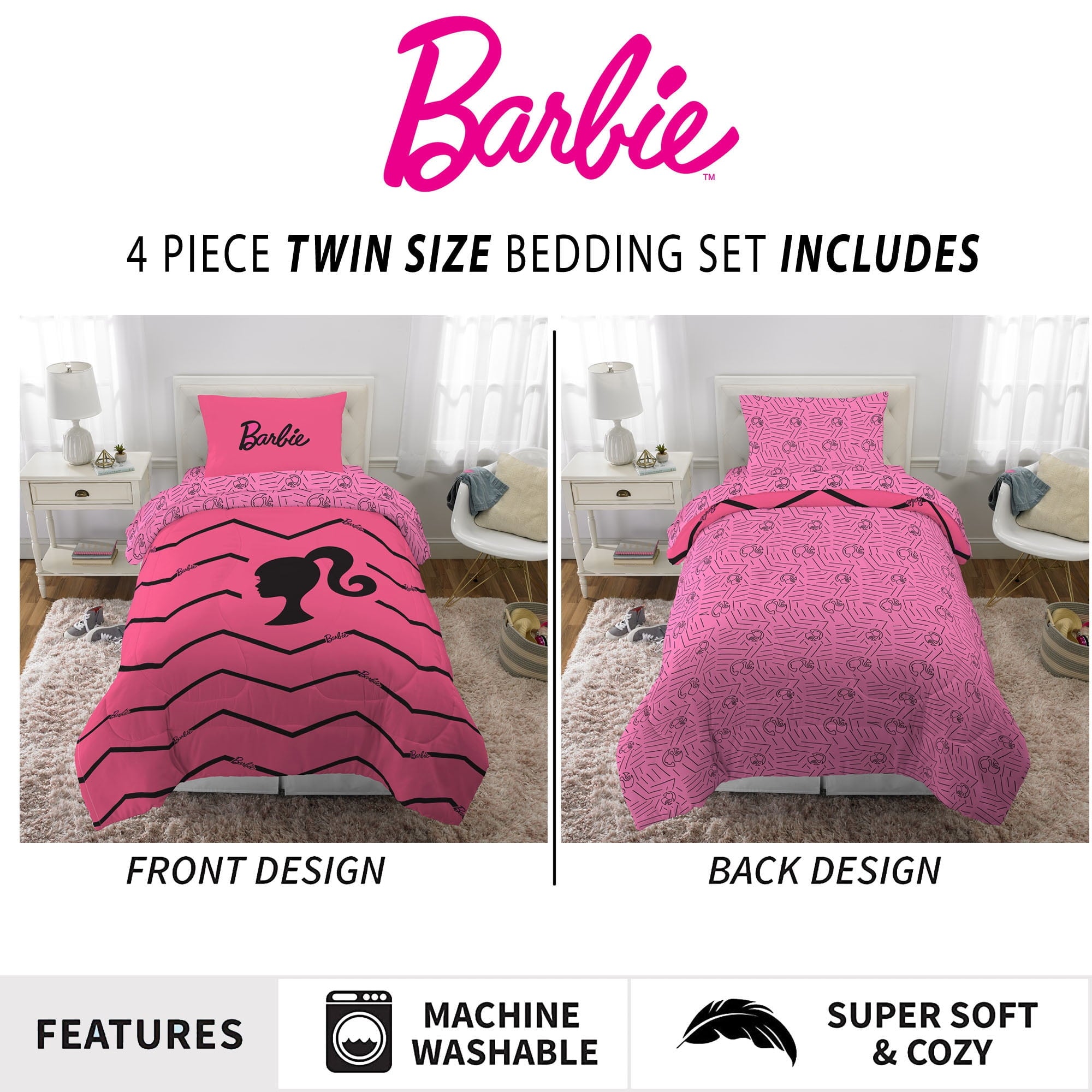 Barbie Kids 4 Piece Pink Chevron Reversible Comforter, Bed in a Bag, Twin