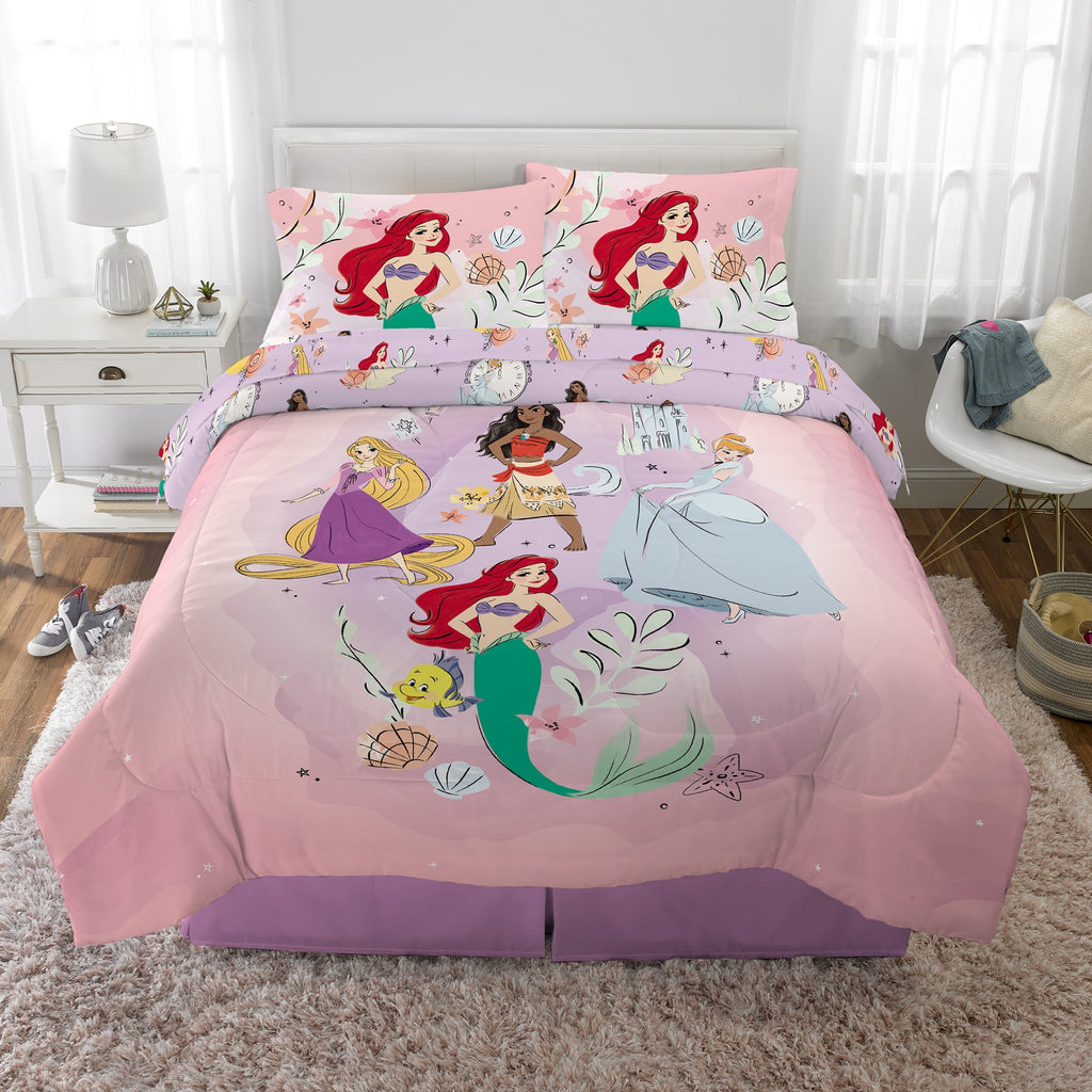 Disney Princess Kids 5 Piece Purple Reversible Comforter, Bed in a Bag, Full