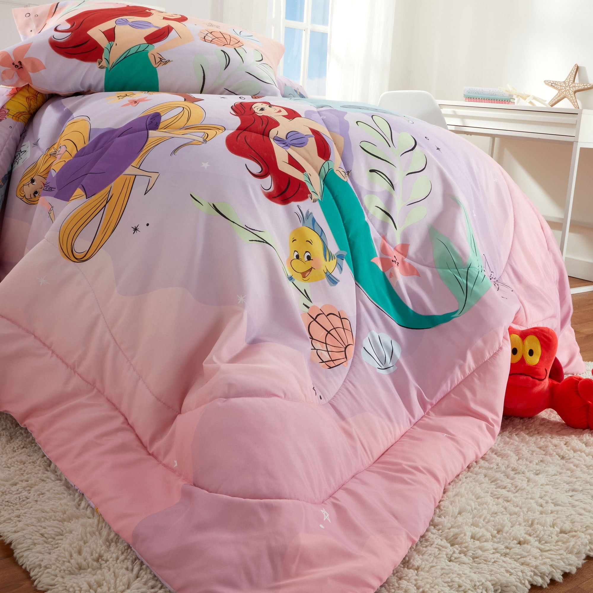 Disney Princess Kids 5 Piece Purple Reversible Comforter, Bed in a Bag, Full