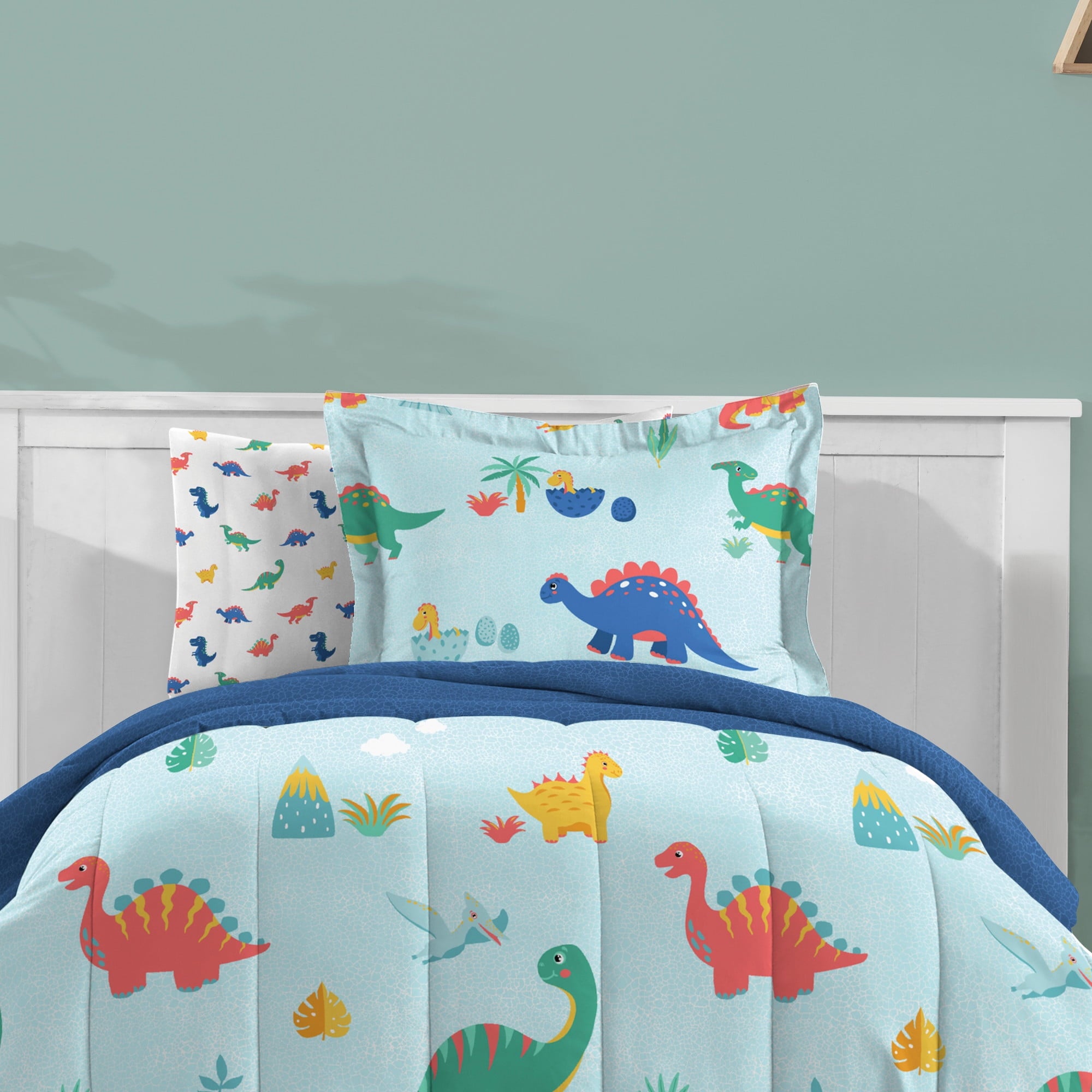 Dream Factory Sweet Dino Full Bed in a Bag Blue, Microfiber, 100% Polyester Fill, Male, Child