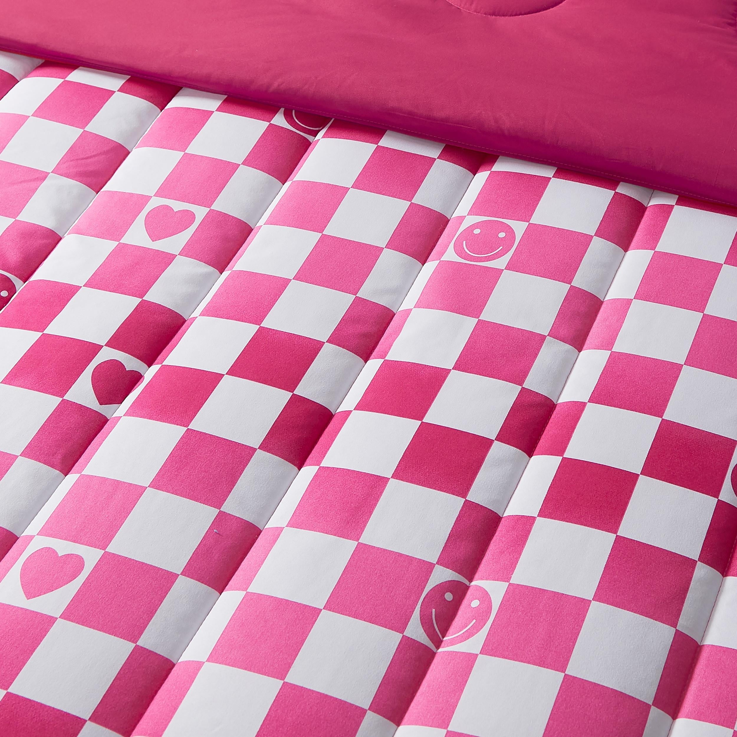 Checkerboard Hearts Hot Pink 2-Piece Ultra Soft Microfiber Comforter Set - Twin