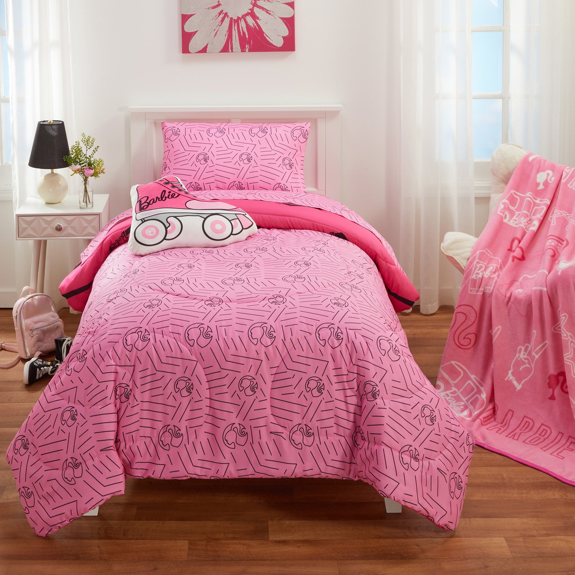 Barbie Kids 4 Piece Pink Chevron Reversible Comforter, Bed in a Bag, Twin