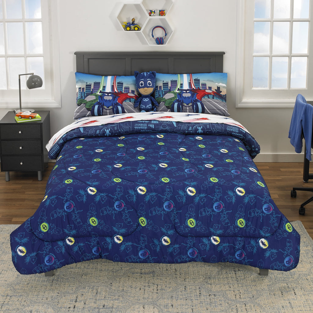 PJ Masks Kids 5 Piece Blue White Reversible Comforter, Bed in a Bag, Full