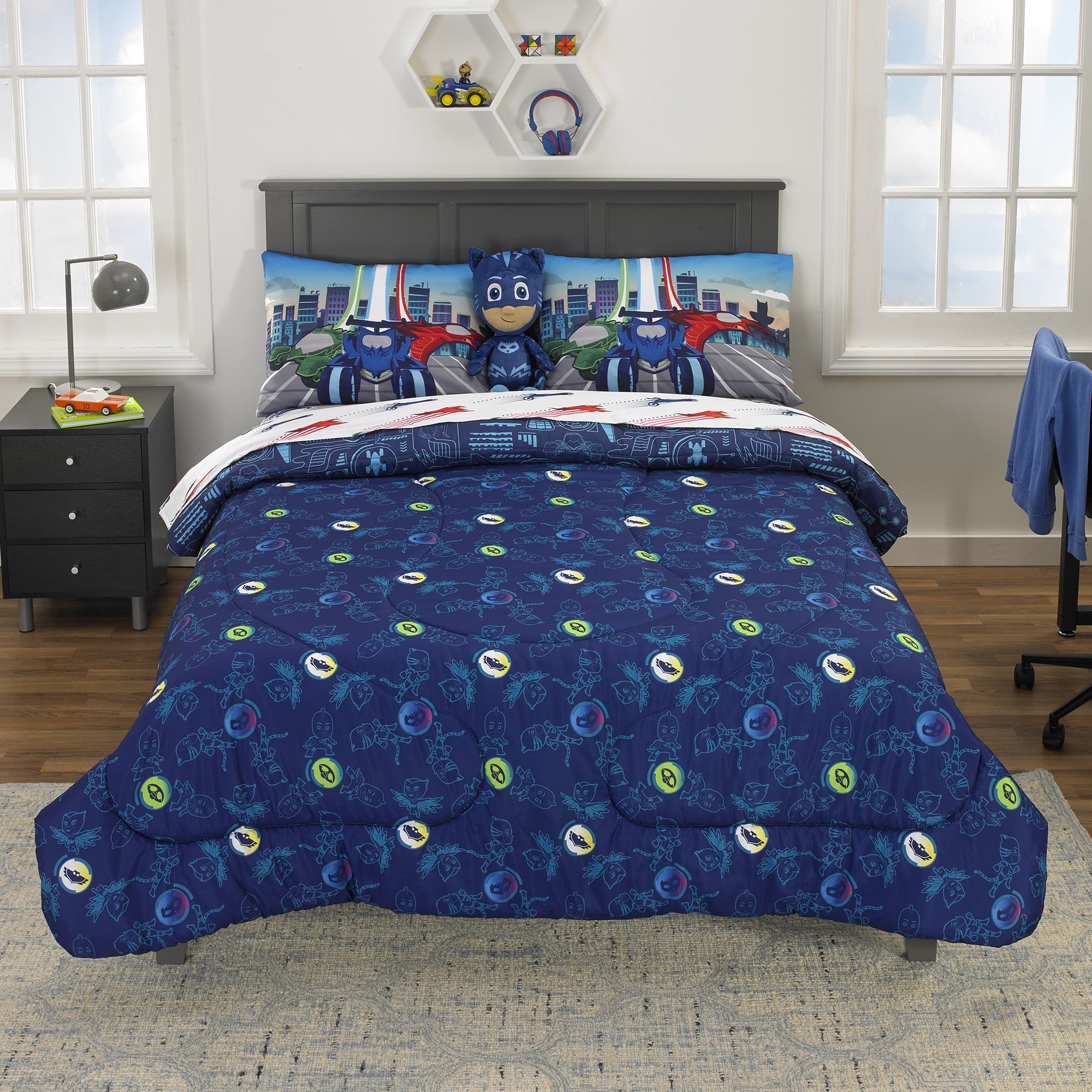 PJ Masks Kids 5 Piece Blue White Reversible Comforter, Bed in a Bag, Full