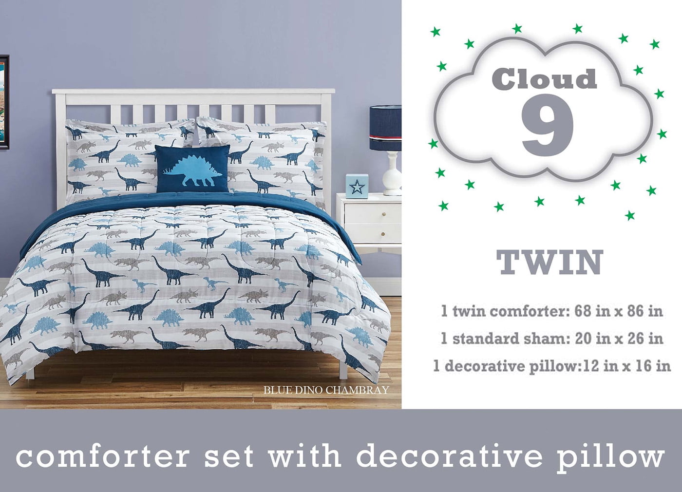 ALEX + BELLA Dino Chambray Microfiber/Polyester Bedding Set, Twin, Dark Blue, 3-Piece