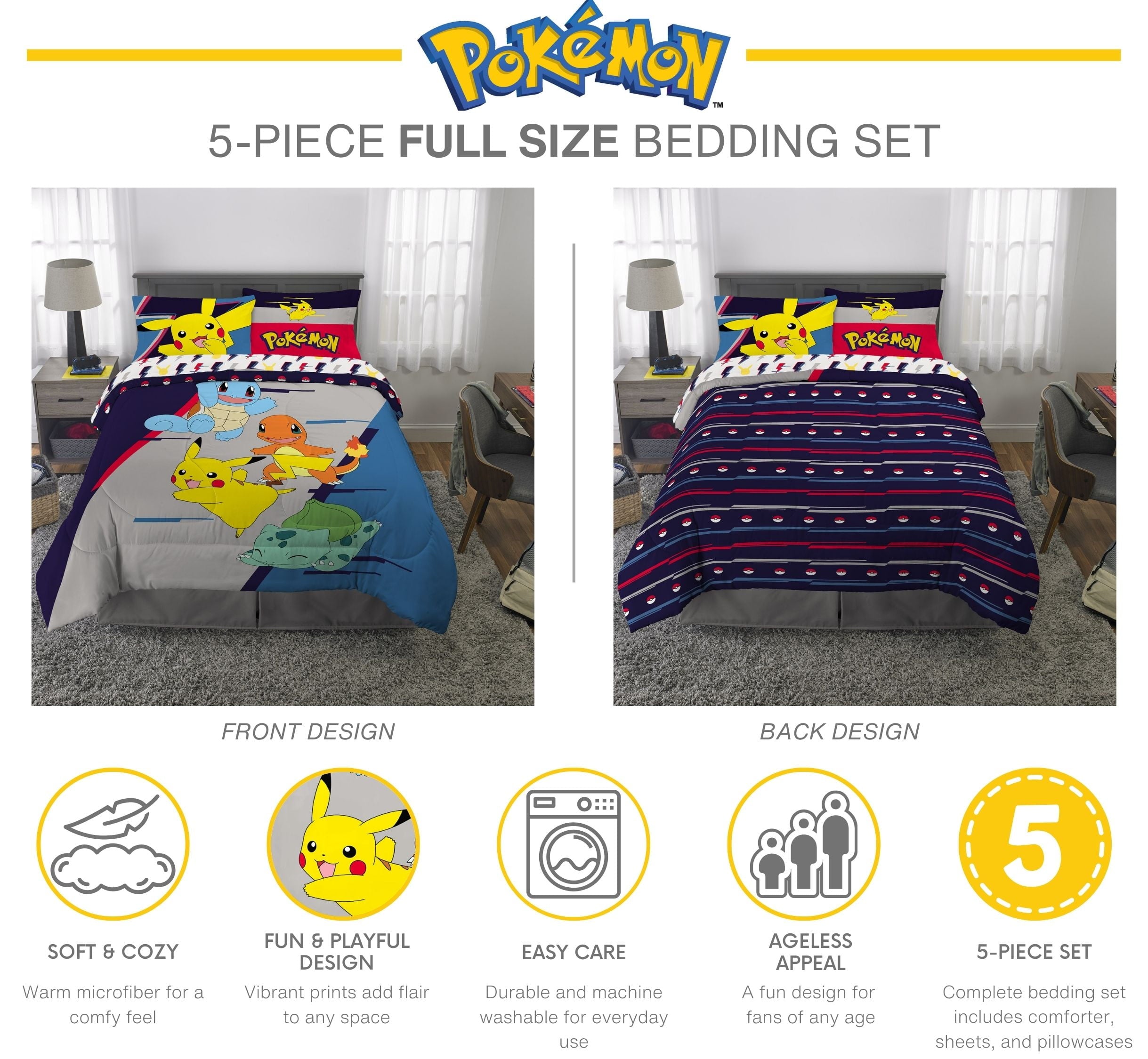 Pokemon Kids 5 Piece Gray Blue Reversible Comforter, Bed in a Bag, Full
