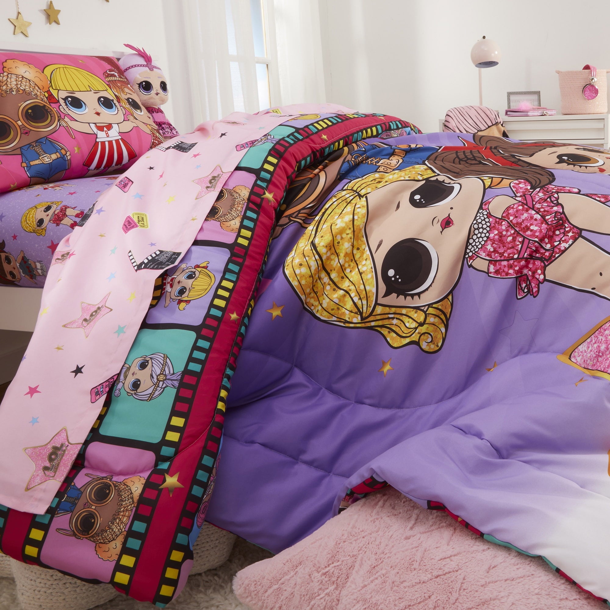 LOL Surprise Kids 5 Piece Purple Pink Reversible Comforter, Bed in a Bag, Full