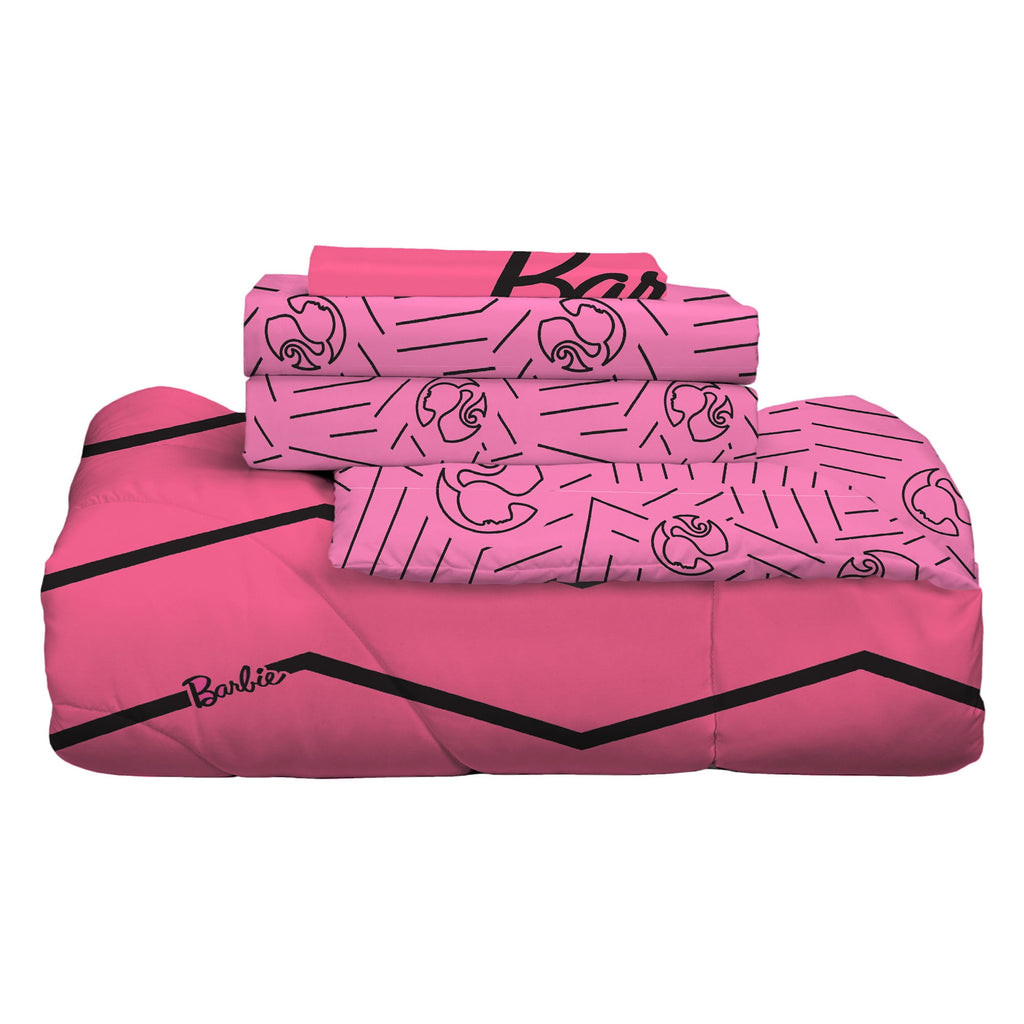 Barbie Kids 4 Piece Pink Chevron Reversible Comforter, Bed in a Bag, Twin