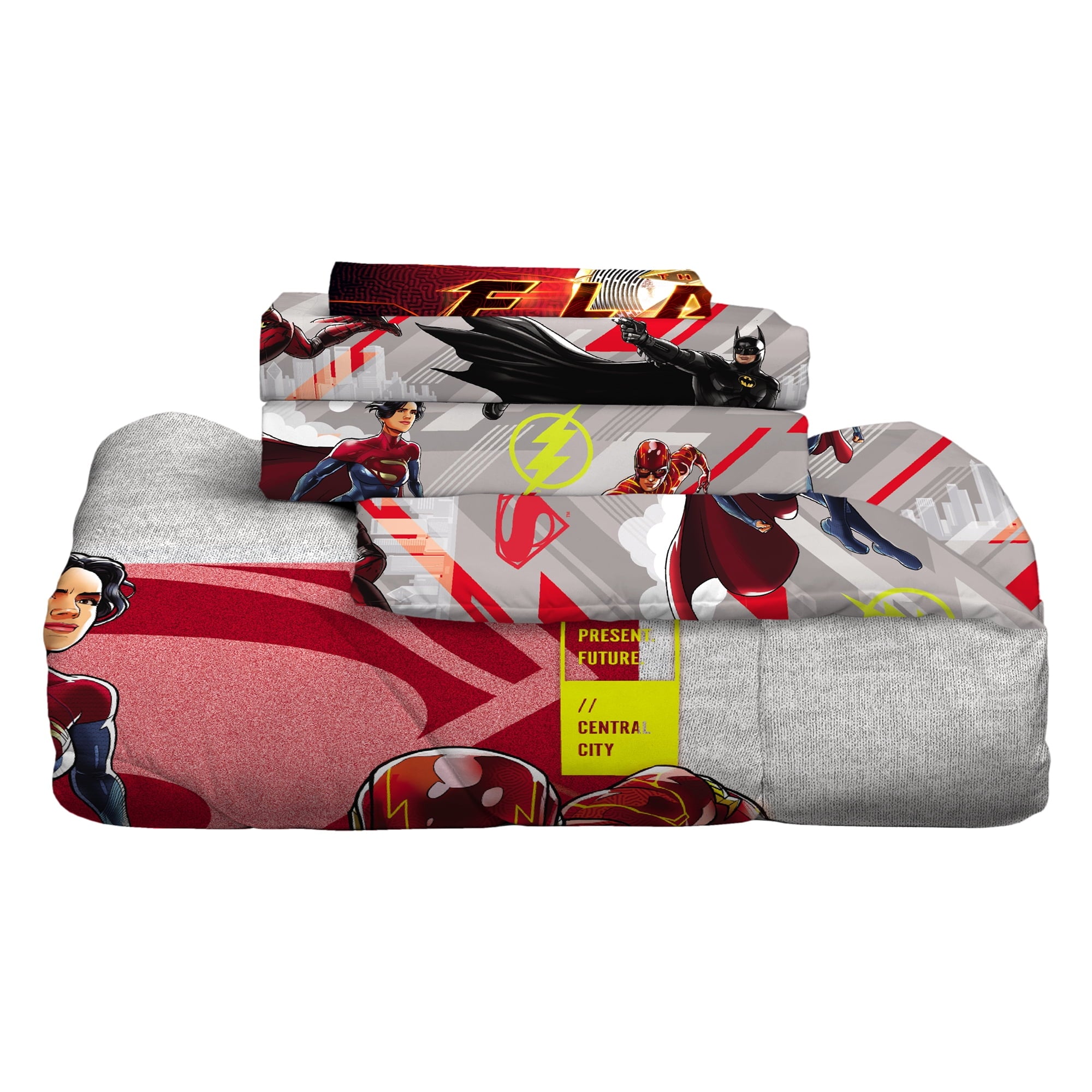 The Flash Kids 4 Piece Red Gray Reversible Comforter, Bed in a Bag, Twin