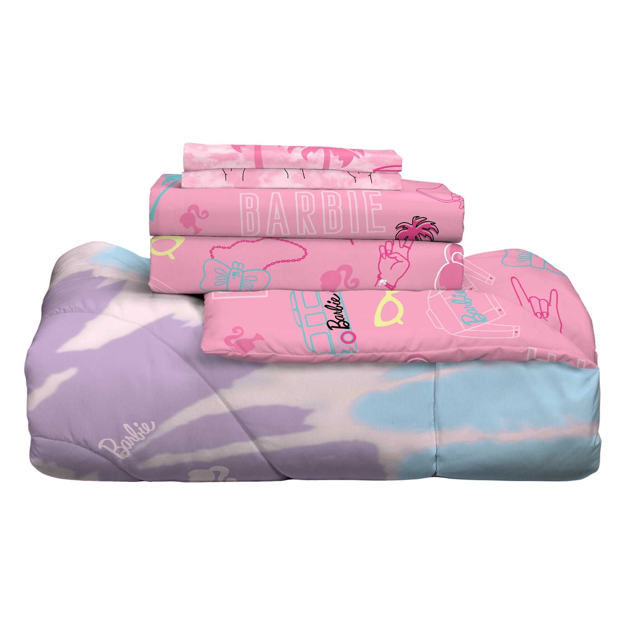 Barbie Kids 5 Piece Pink Tie Dye Reversible Comforter, Bed in a Bag, Full