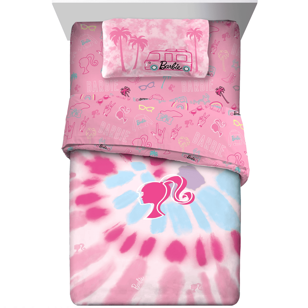 Barbie Kids 5 Piece Pink Tie Dye Reversible Comforter, Bed in a Bag, Full