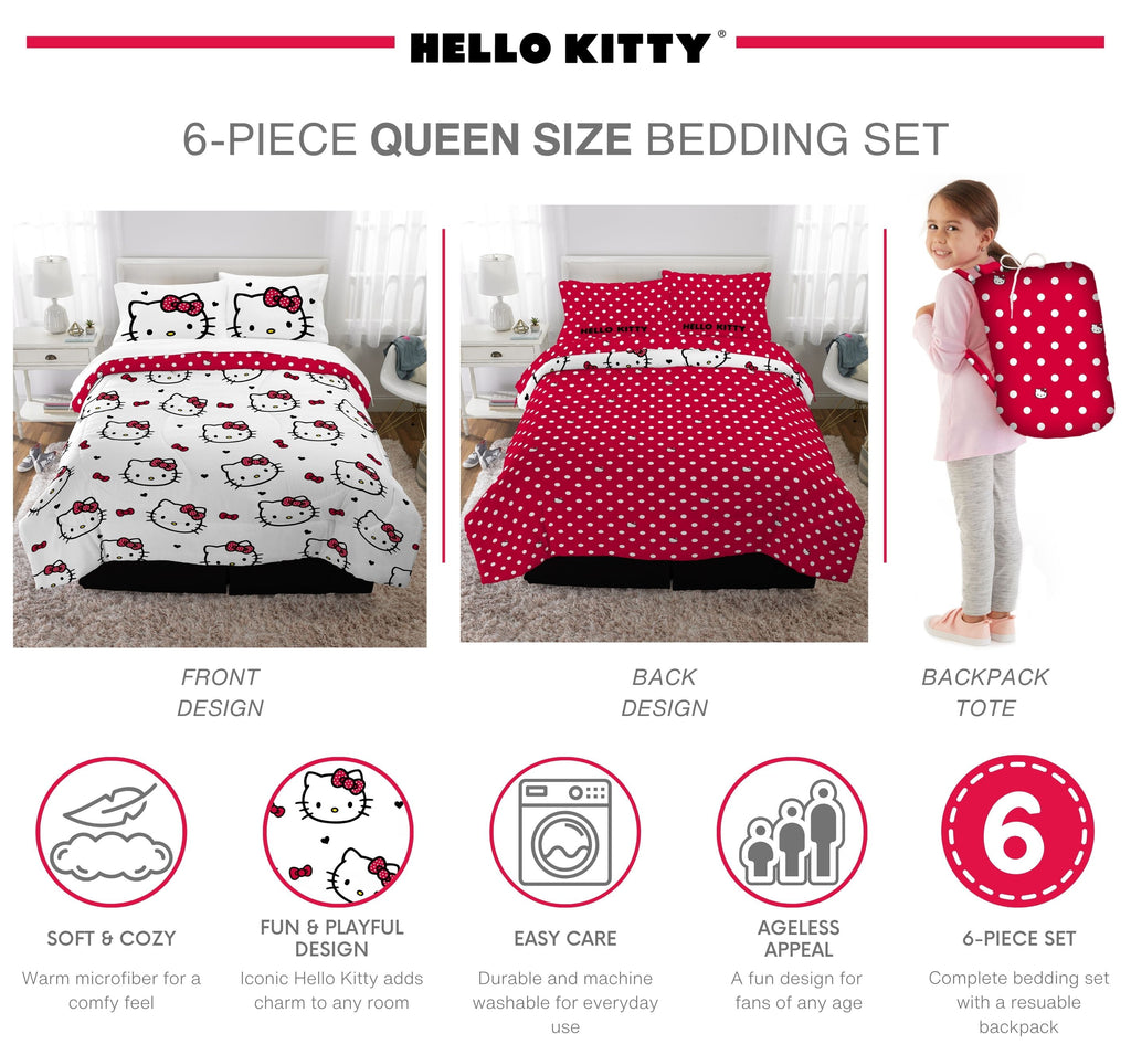 Hello Kitty Kids Queen Bed in a Bag, Comforter Sheet Set and Bonus Tote, Pink Sanrio
