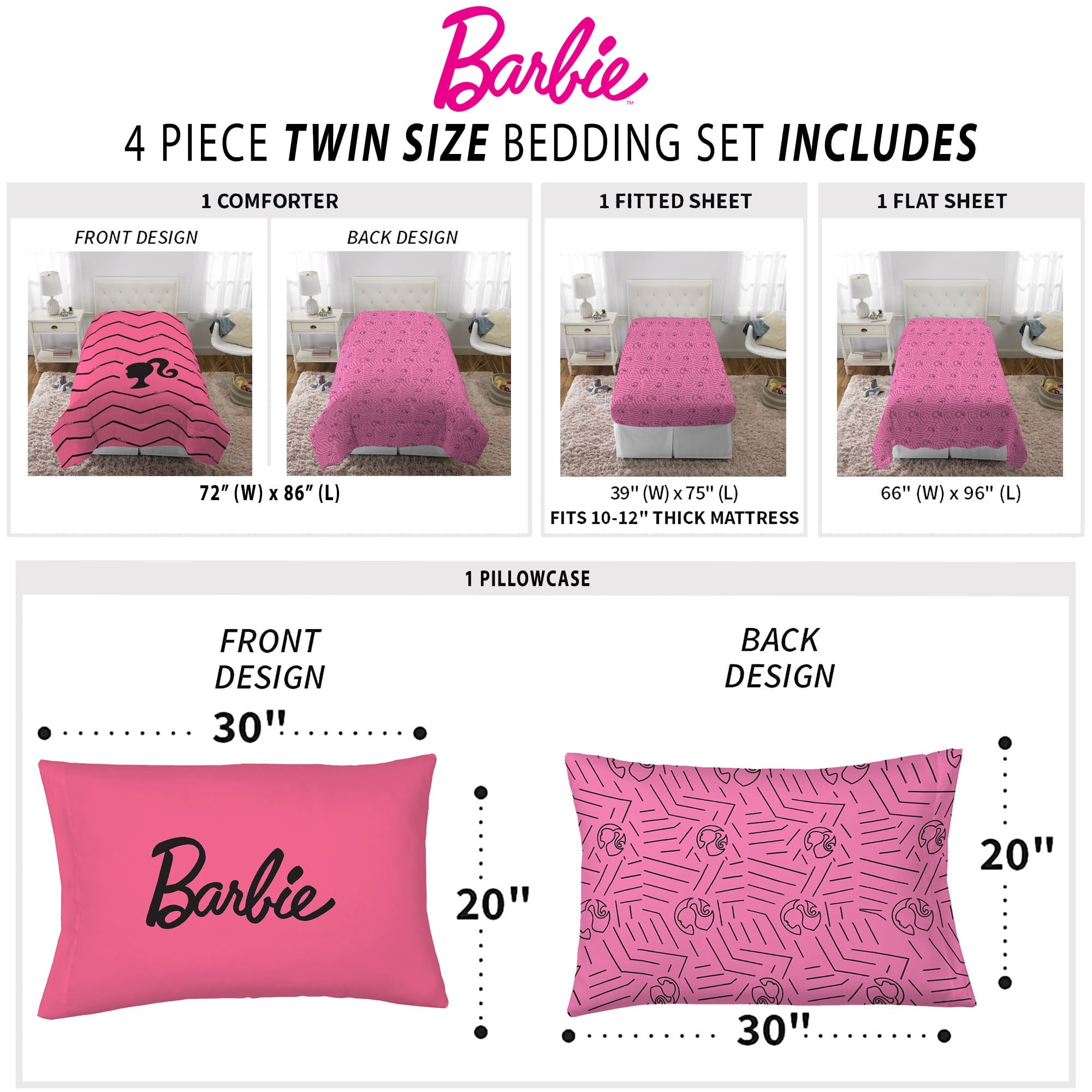 Barbie Kids 4 Piece Pink Chevron Reversible Comforter, Bed in a Bag, Twin