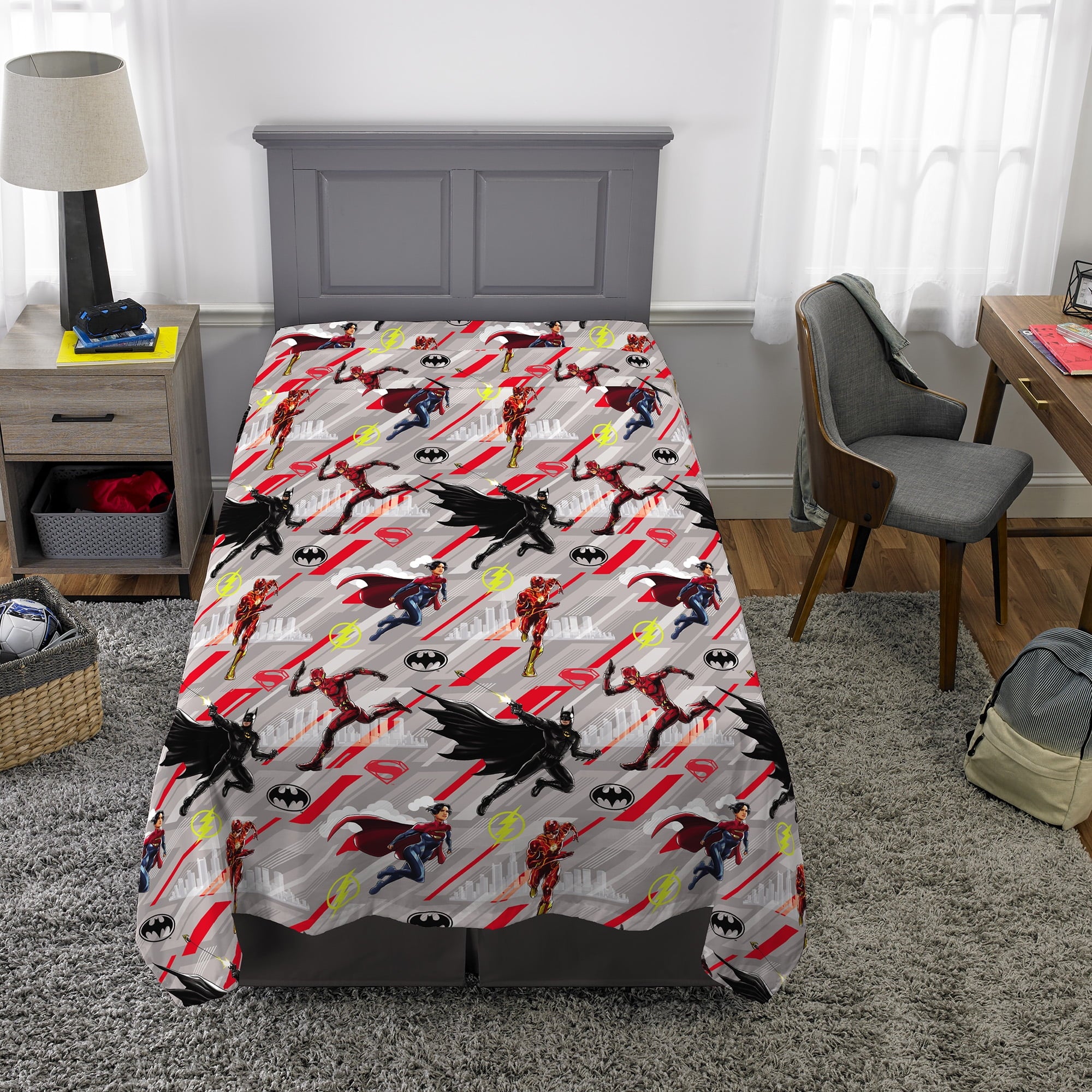 The Flash Kids 4 Piece Red Gray Reversible Comforter, Bed in a Bag, Twin