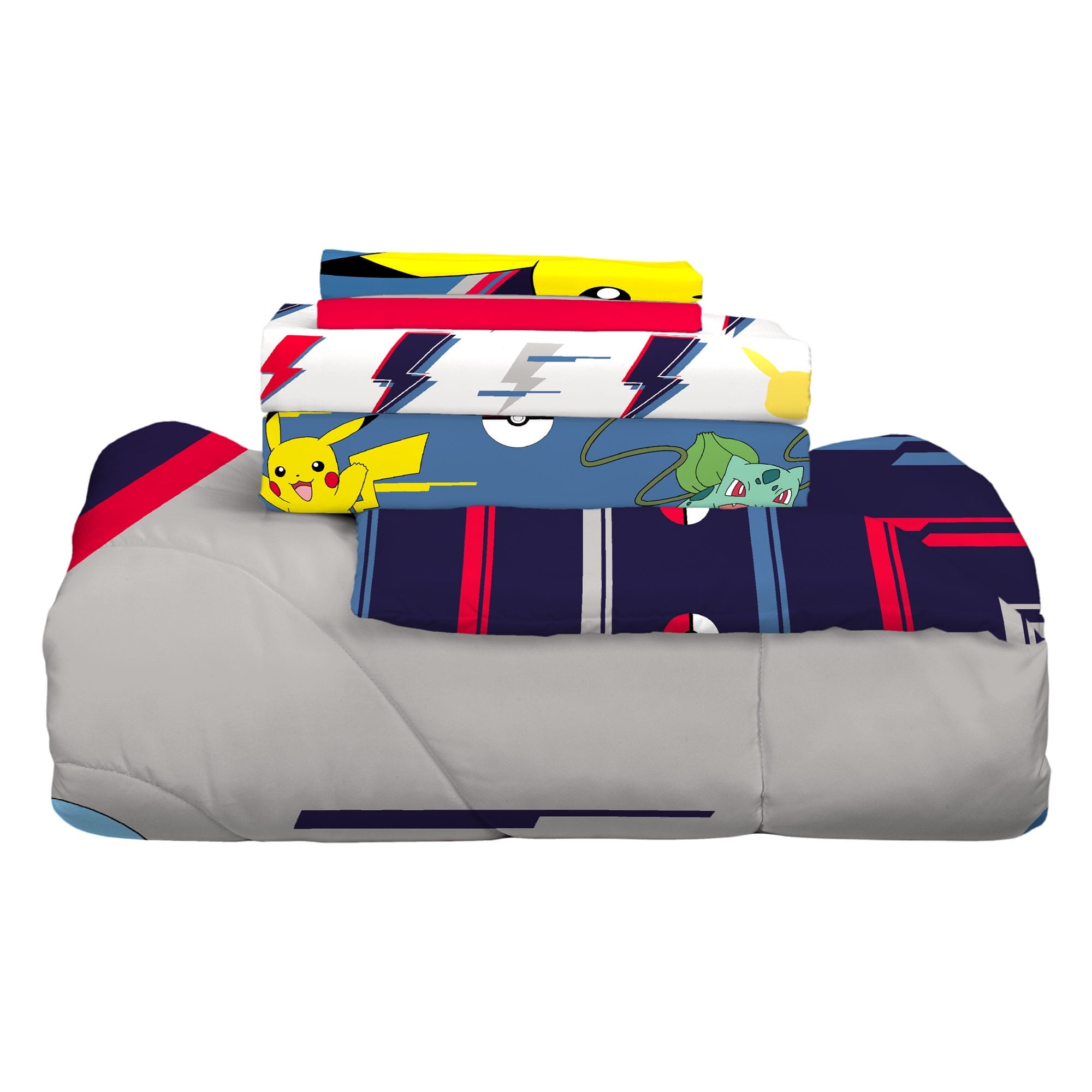 Pokemon Kids 5 Piece Gray Blue Reversible Comforter, Bed in a Bag, Full