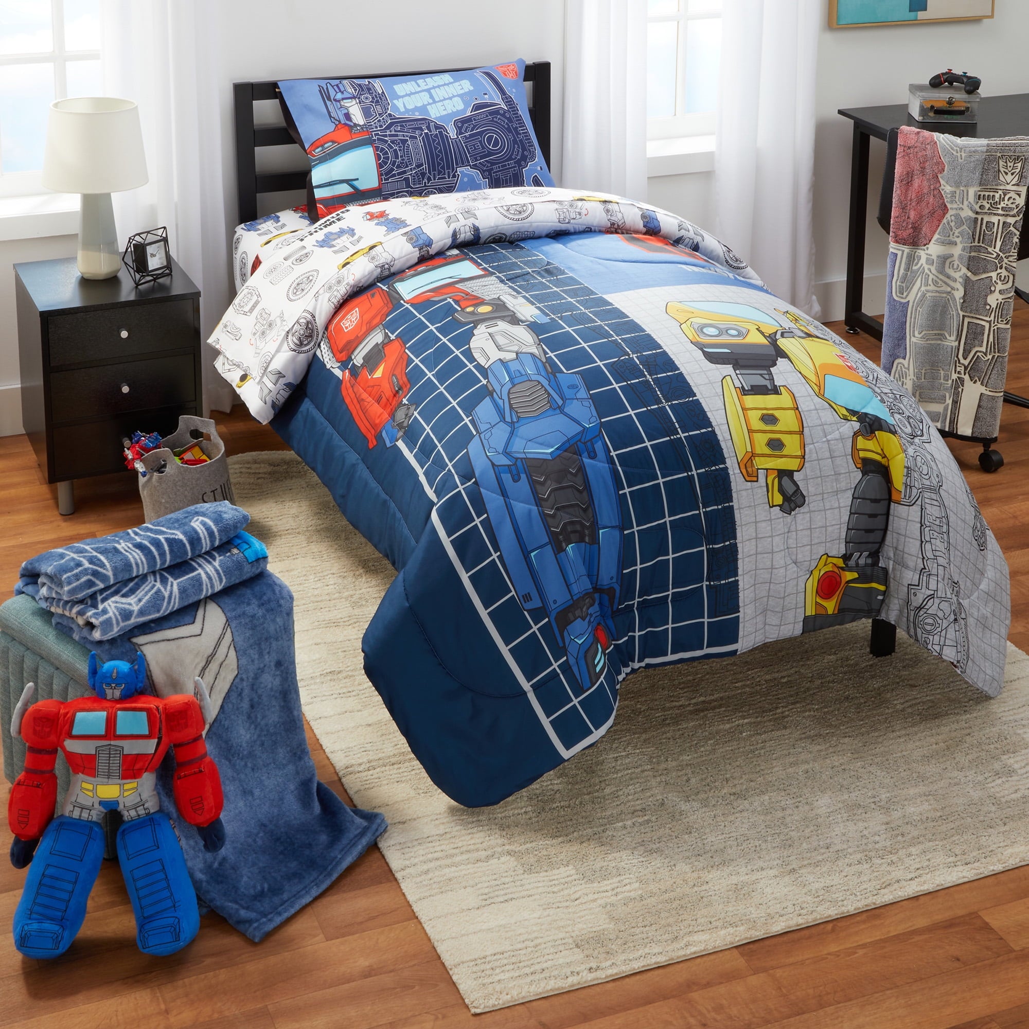 Transformers Kids 4 Piece Blue Gray White Reversible Comforter, Bed in a Bag, Twin