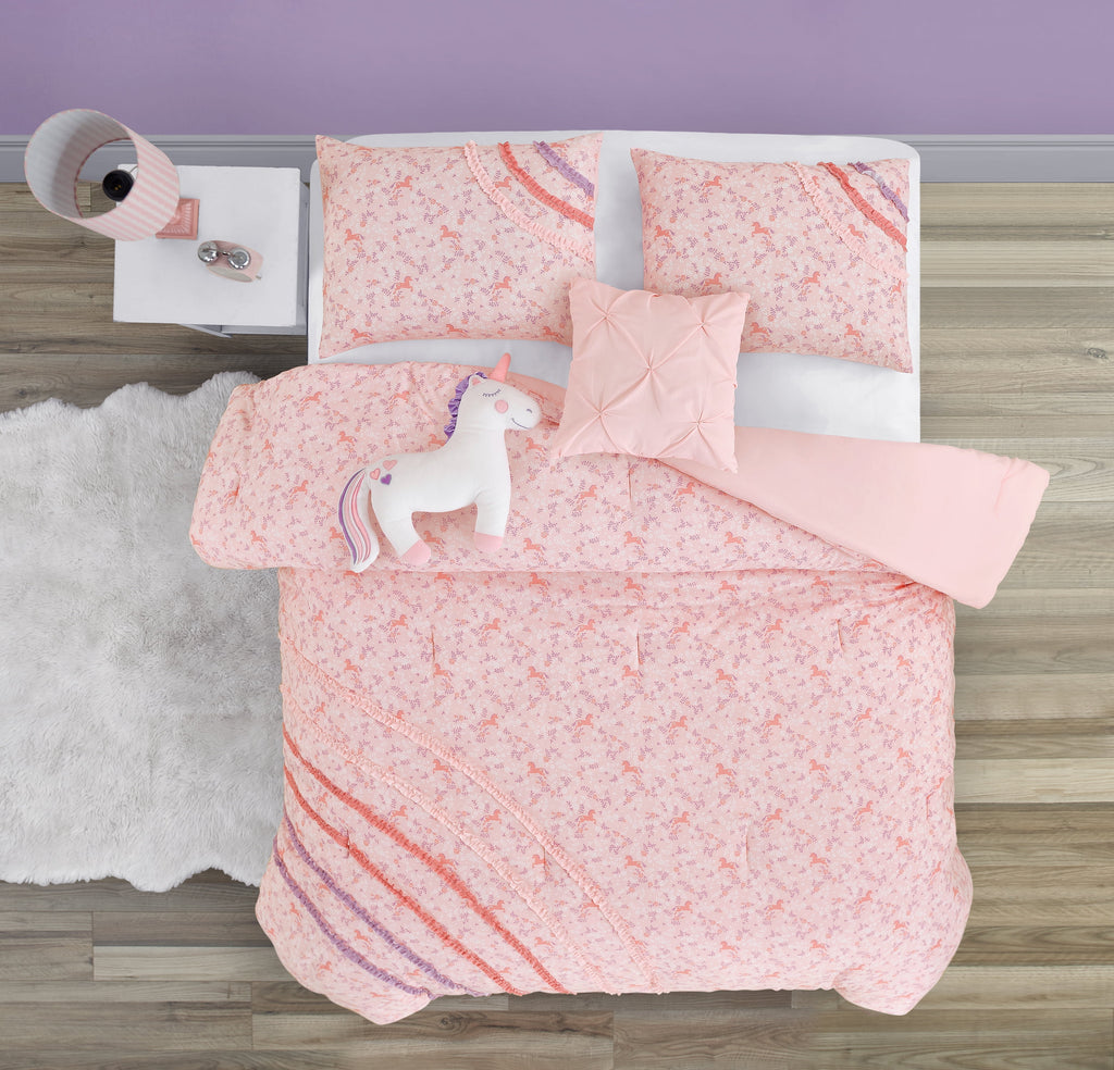 ALEX + BELLA Comforter Set PinkRainbow Ruffle Microfiber,Twin, 4 Piece