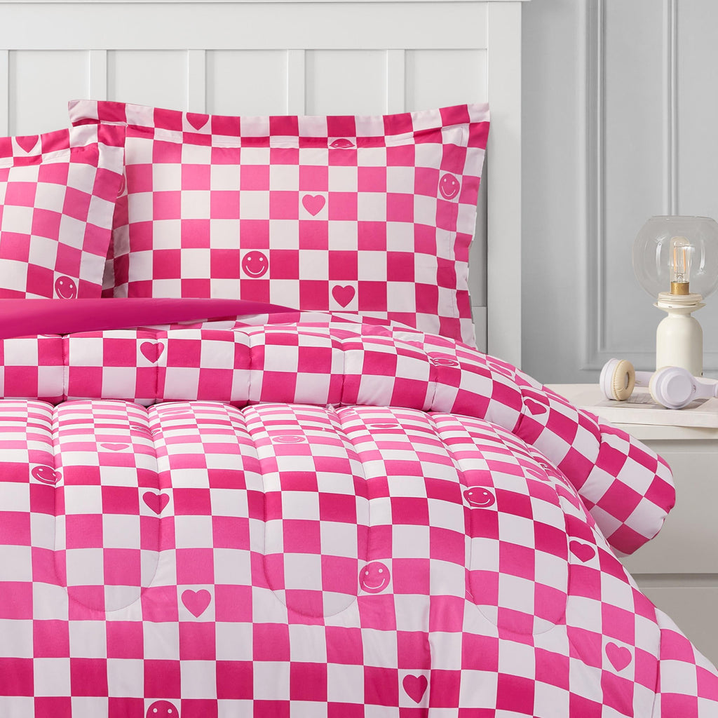 Checkerboard Hearts Hot Pink 2-Piece Ultra Soft Microfiber Comforter Set - Twin