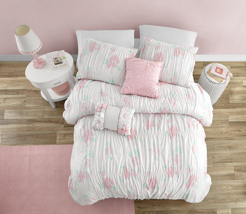 Tabitha Smocked Pink 5-Piece Microfiber Comforter Set - Full