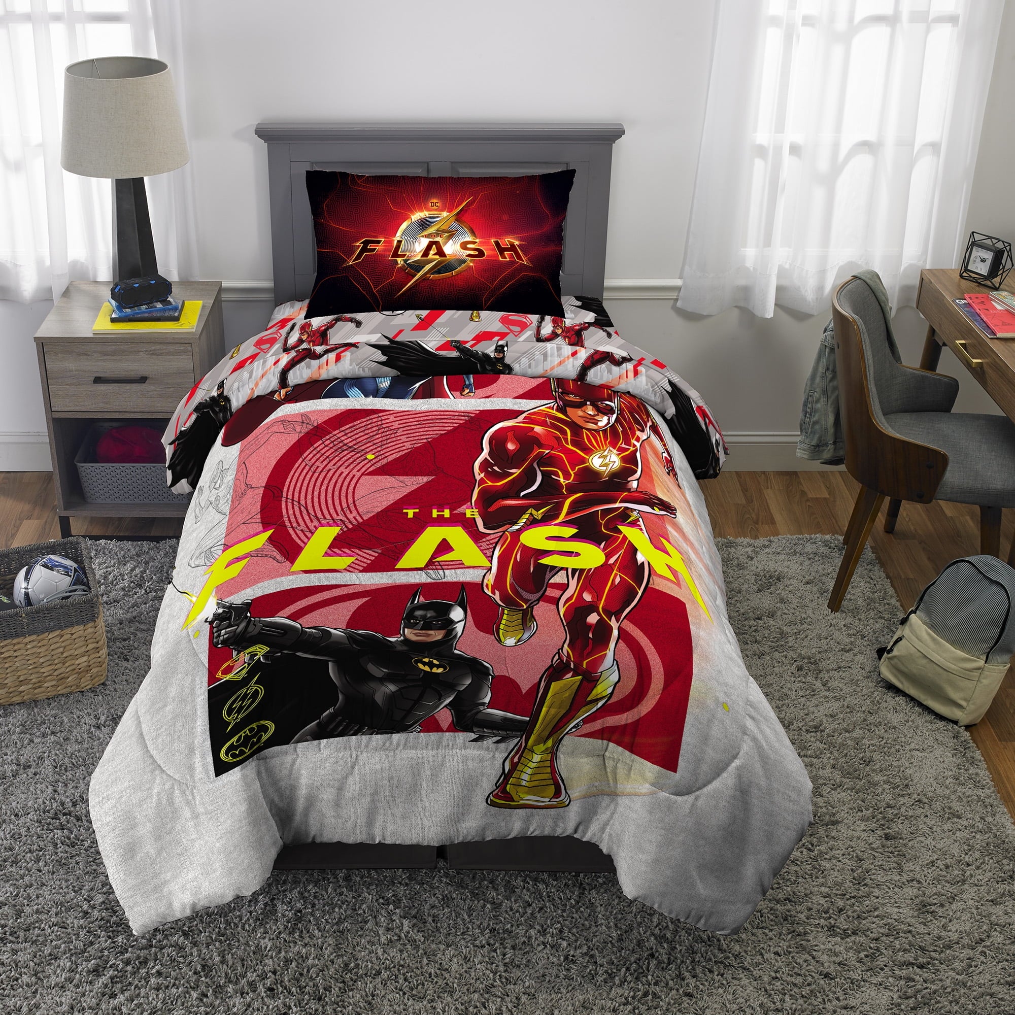 The Flash Kids 4 Piece Red Gray Reversible Comforter, Bed in a Bag, Twin