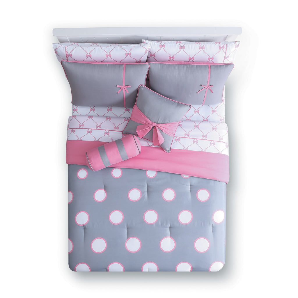 VCNY Home Kids' Sophie 8-Piece Grey/Pink Polka Dot Polyester Bed in a Bag, Twin, Girls