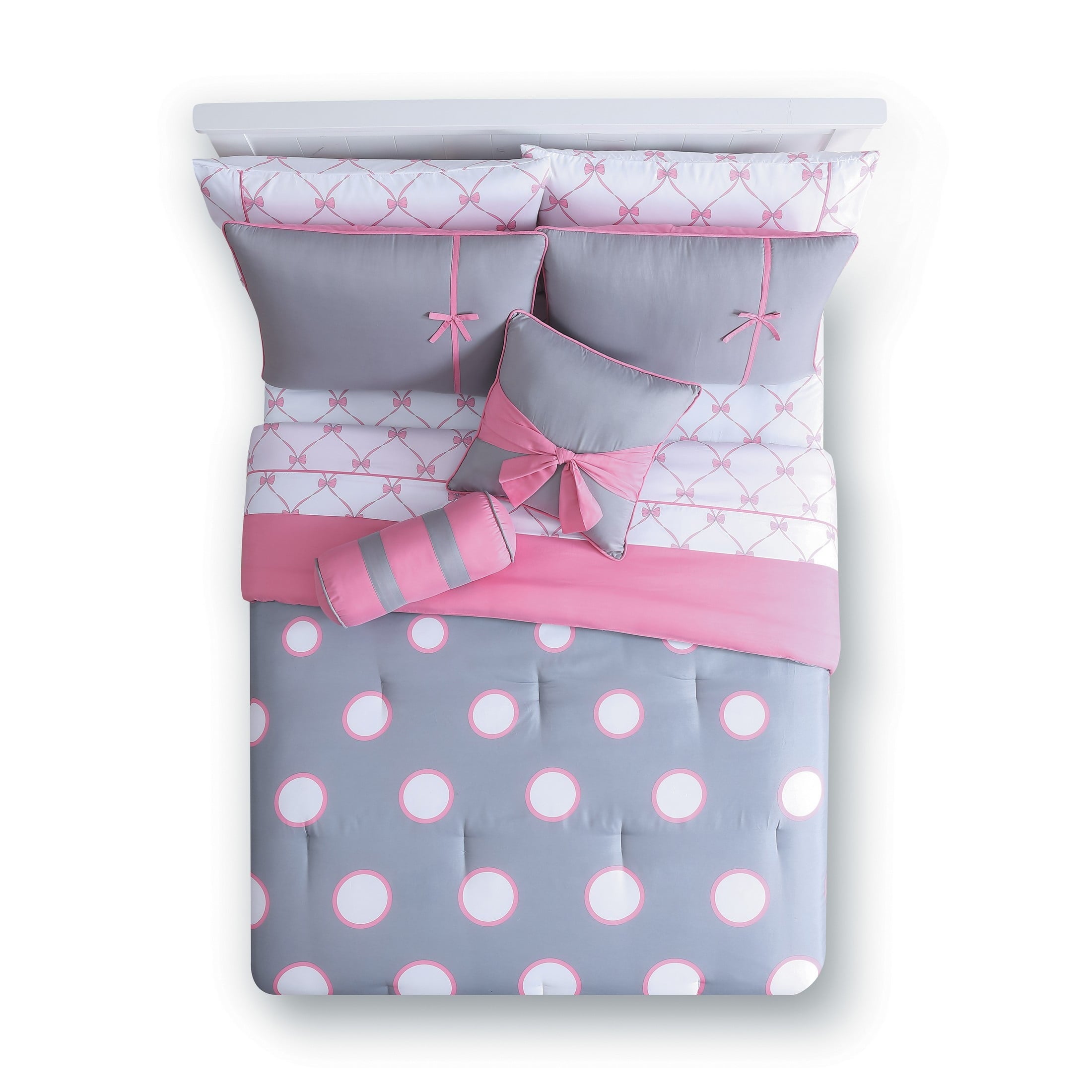 VCNY Home Kids' Sophie 8-Piece Grey/Pink Polka Dot Polyester Bed in a Bag, Twin, Girls