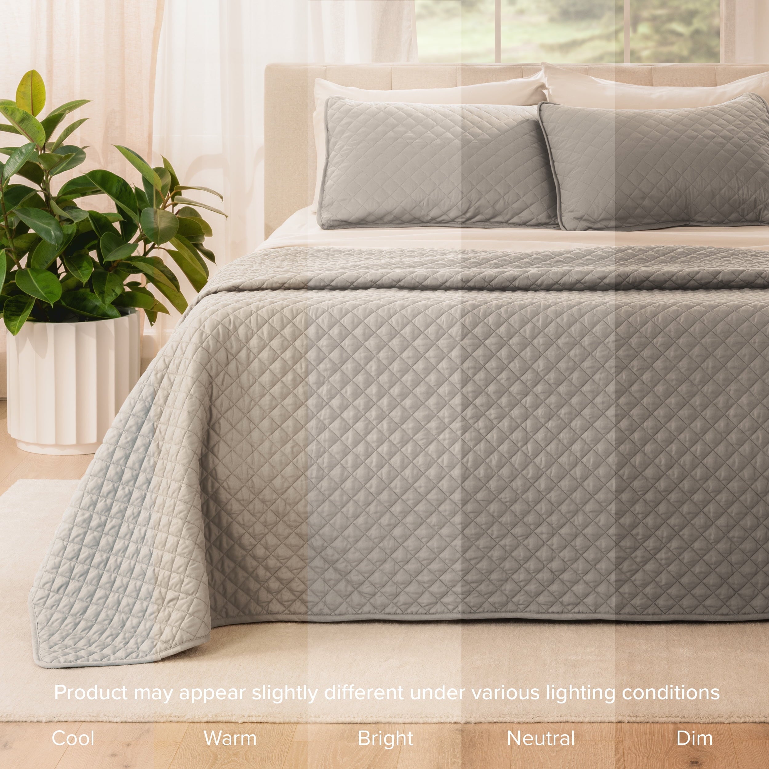 Bare Home Quilt Set - 3 Piece - Diamond Stitched Bedspread Coverlet - Full/Queen, Light Gray