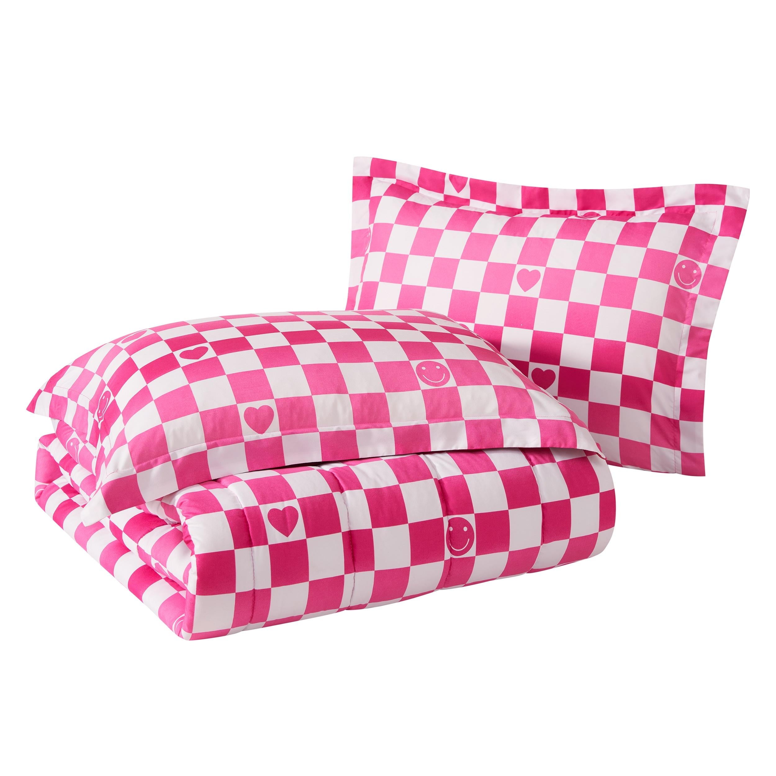 Checkerboard Hearts Hot Pink 2-Piece Ultra Soft Microfiber Comforter Set - Twin