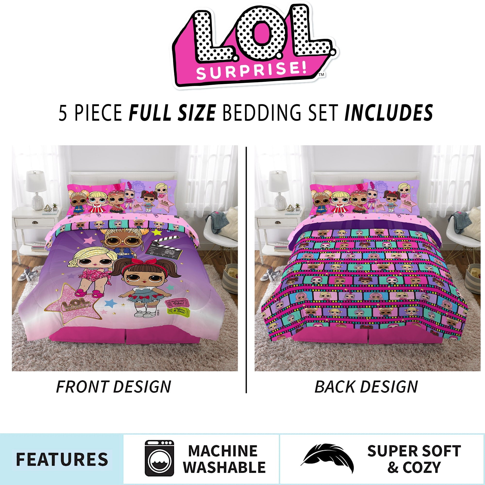 LOL Surprise Kids 5 Piece Purple Pink Reversible Comforter, Bed in a Bag, Full