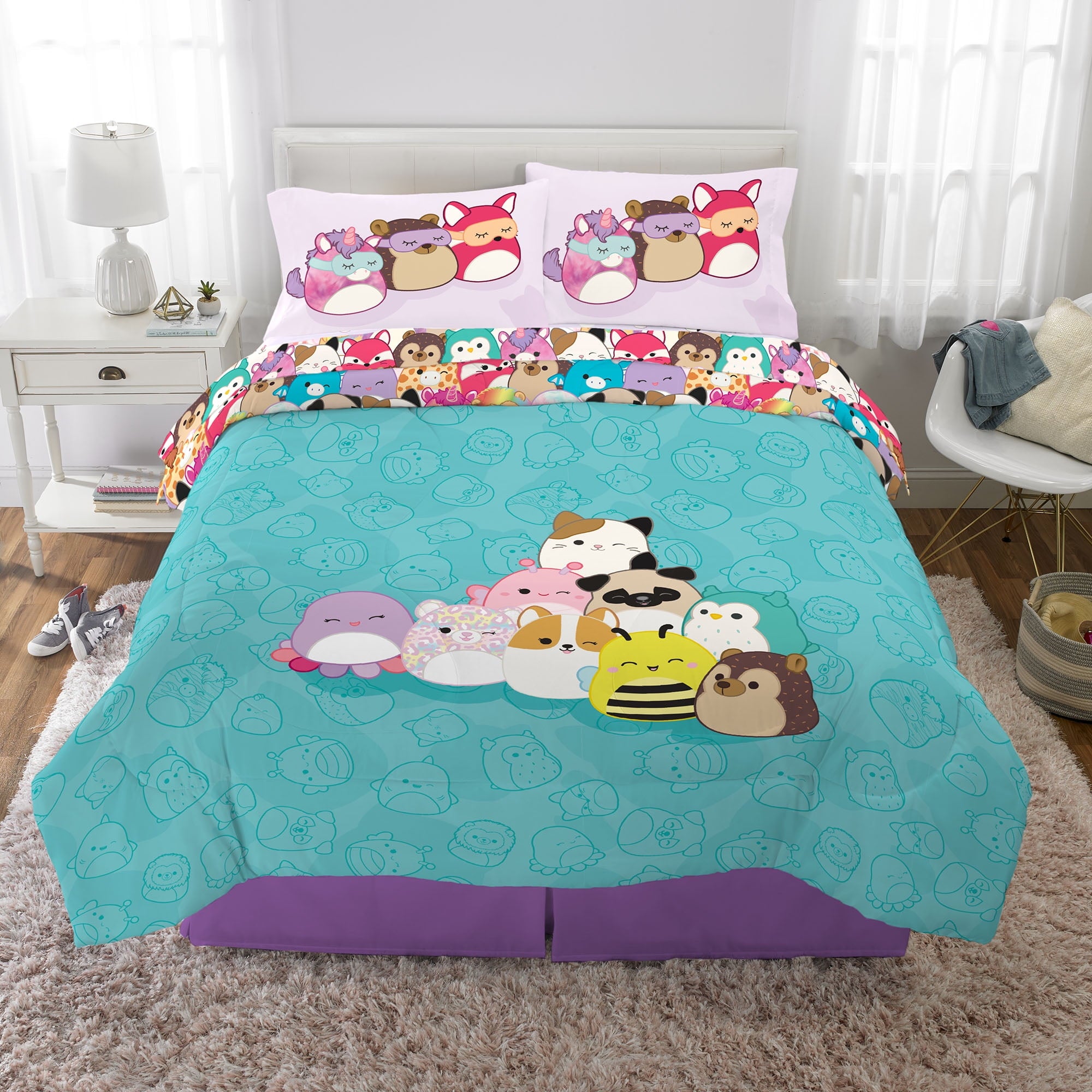 Squishmallows Kids 5 Piece Teal Purple Reversible Comforter, Bed in a Bag, Full