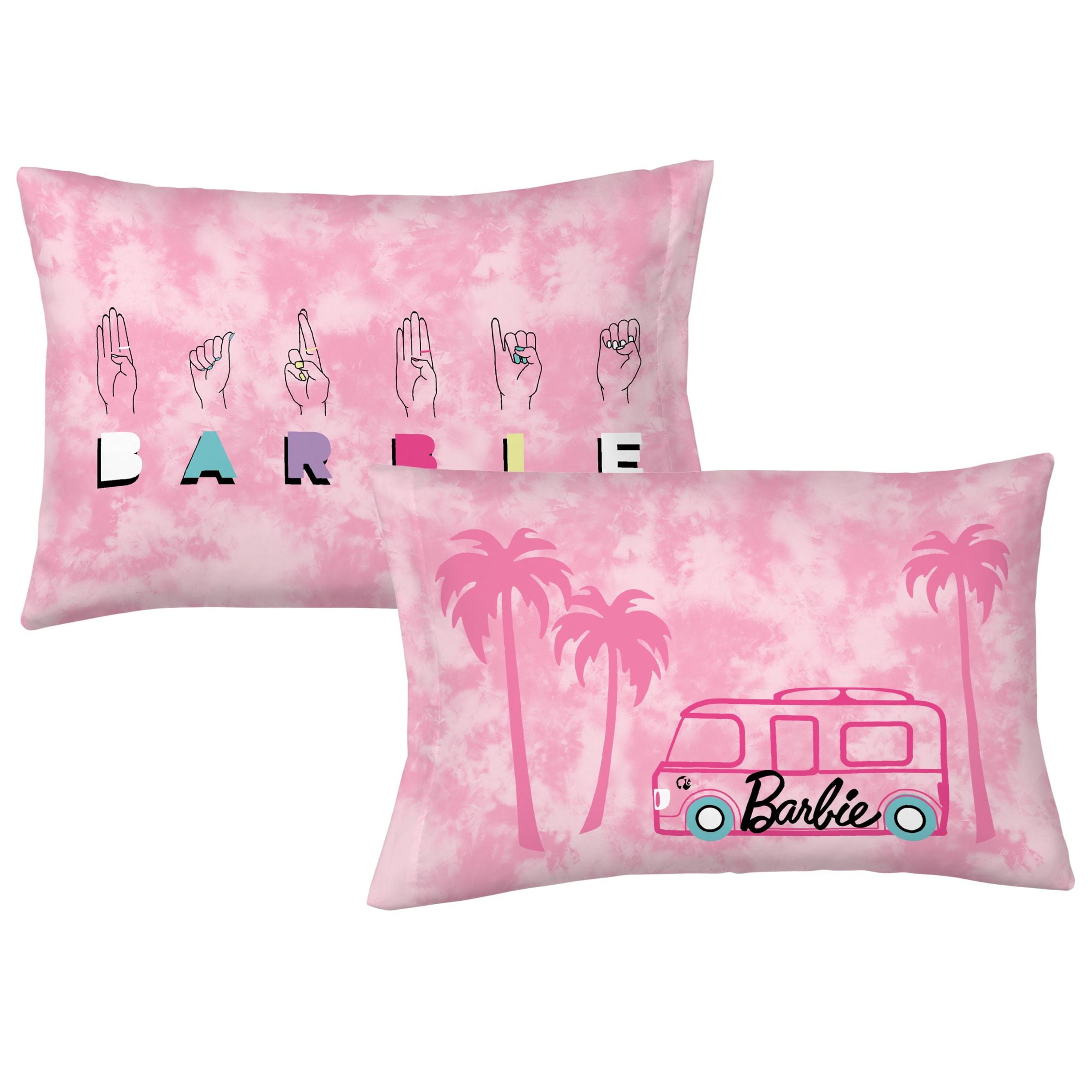 Barbie Kids 5 Piece Pink Tie Dye Reversible Comforter, Bed in a Bag, Full