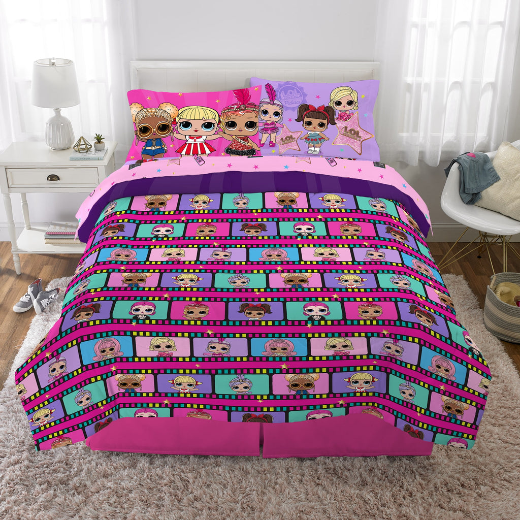 LOL Surprise Kids 5 Piece Purple Pink Reversible Comforter, Bed in a Bag, Full
