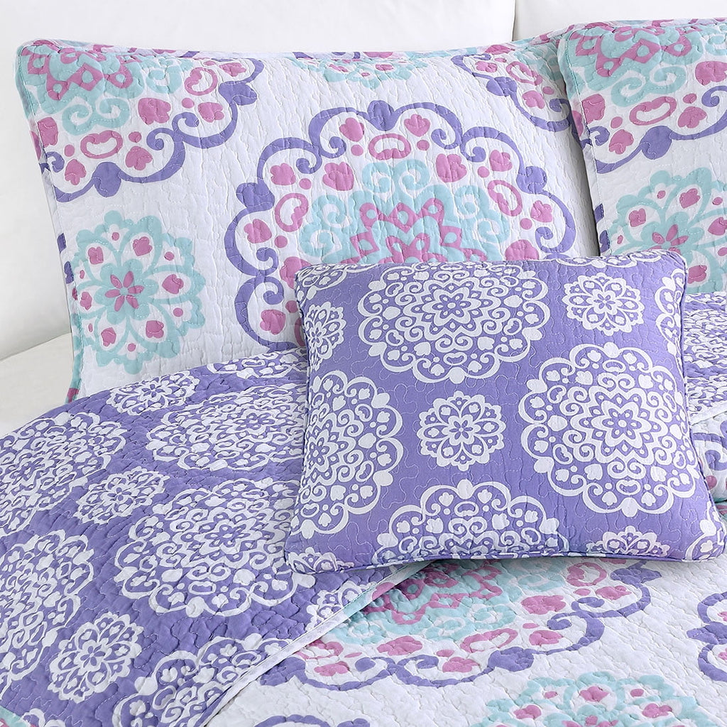 ALEX + BELLA Quilt Set, Vivian, Purple, Reversible, 100% Cotton, Cotton/Polyester Fill Material, Prewashed, Twin, 3 Piece