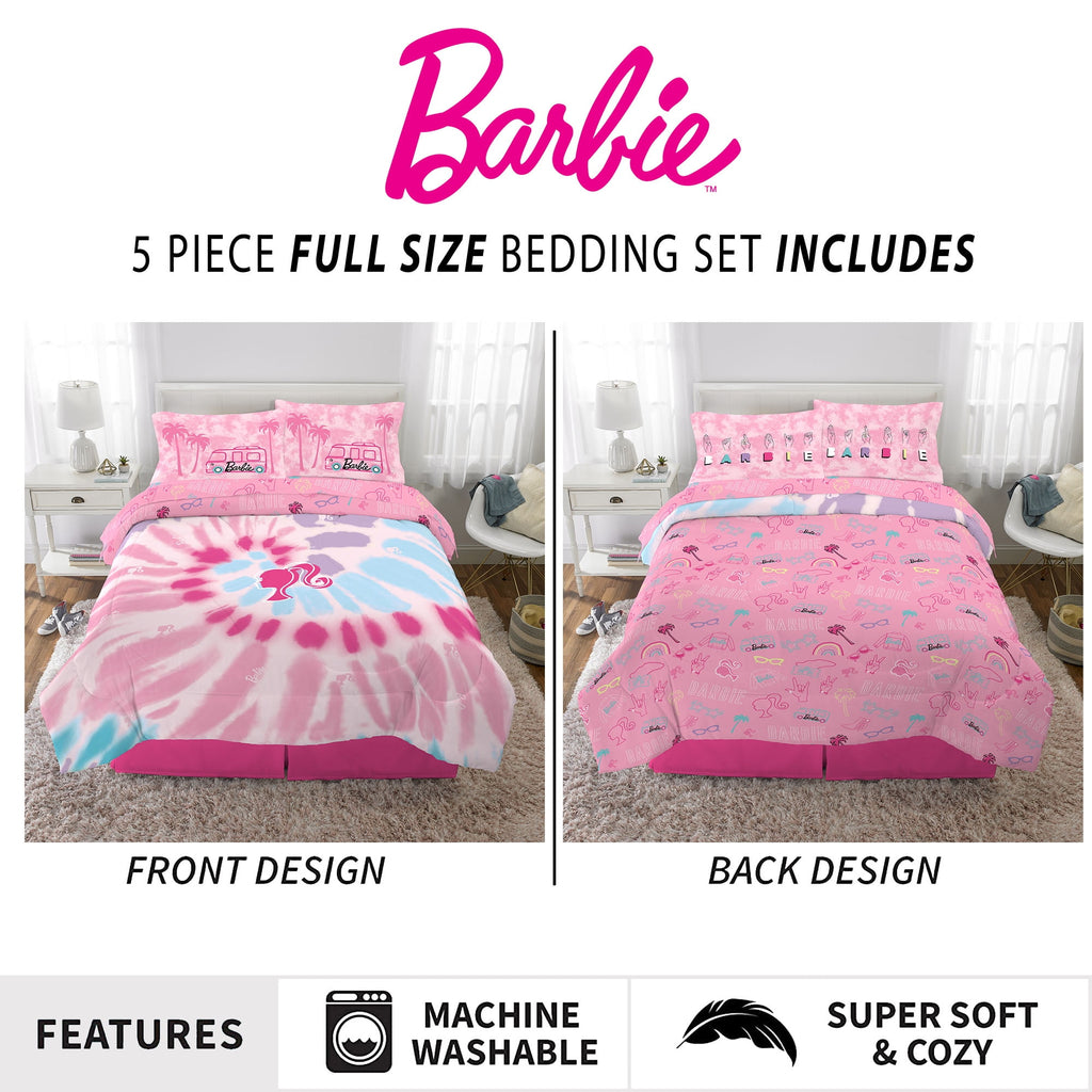 Barbie Kids 5 Piece Pink Tie Dye Reversible Comforter, Bed in a Bag, Full