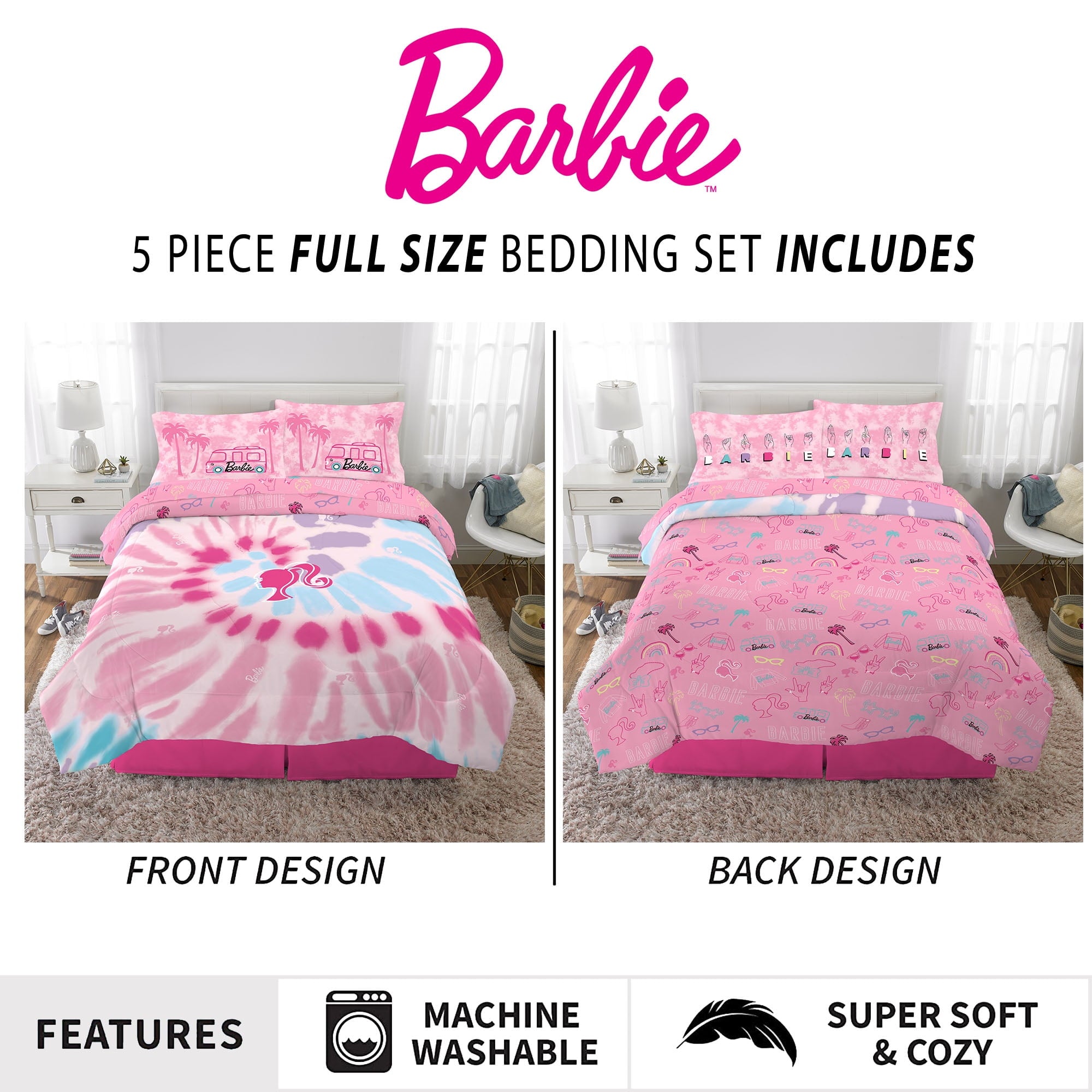 Barbie Kids 5 Piece Pink Tie Dye Reversible Comforter, Bed in a Bag, Full