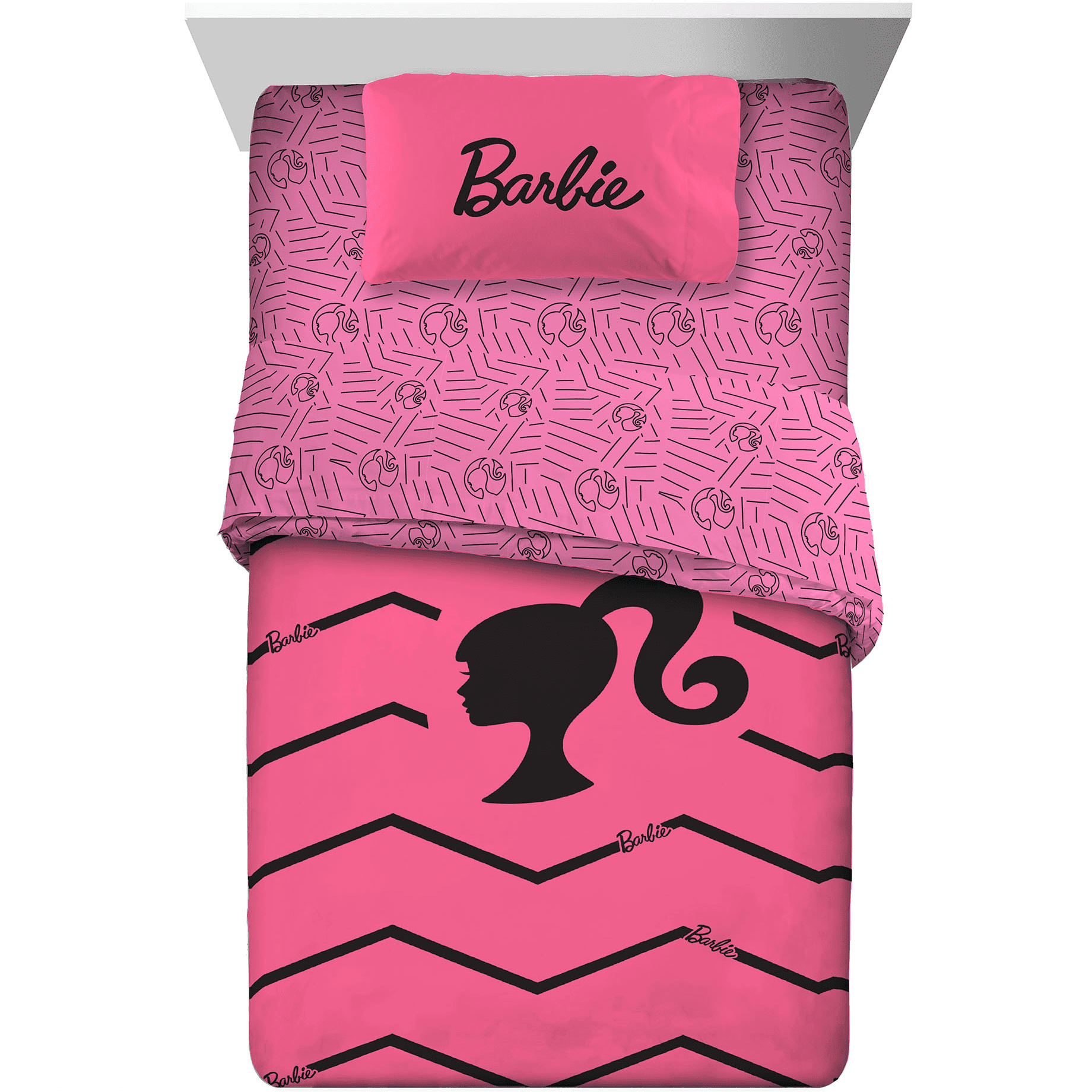 Barbie Kids 4 Piece Pink Chevron Reversible Comforter, Bed in a Bag, Twin