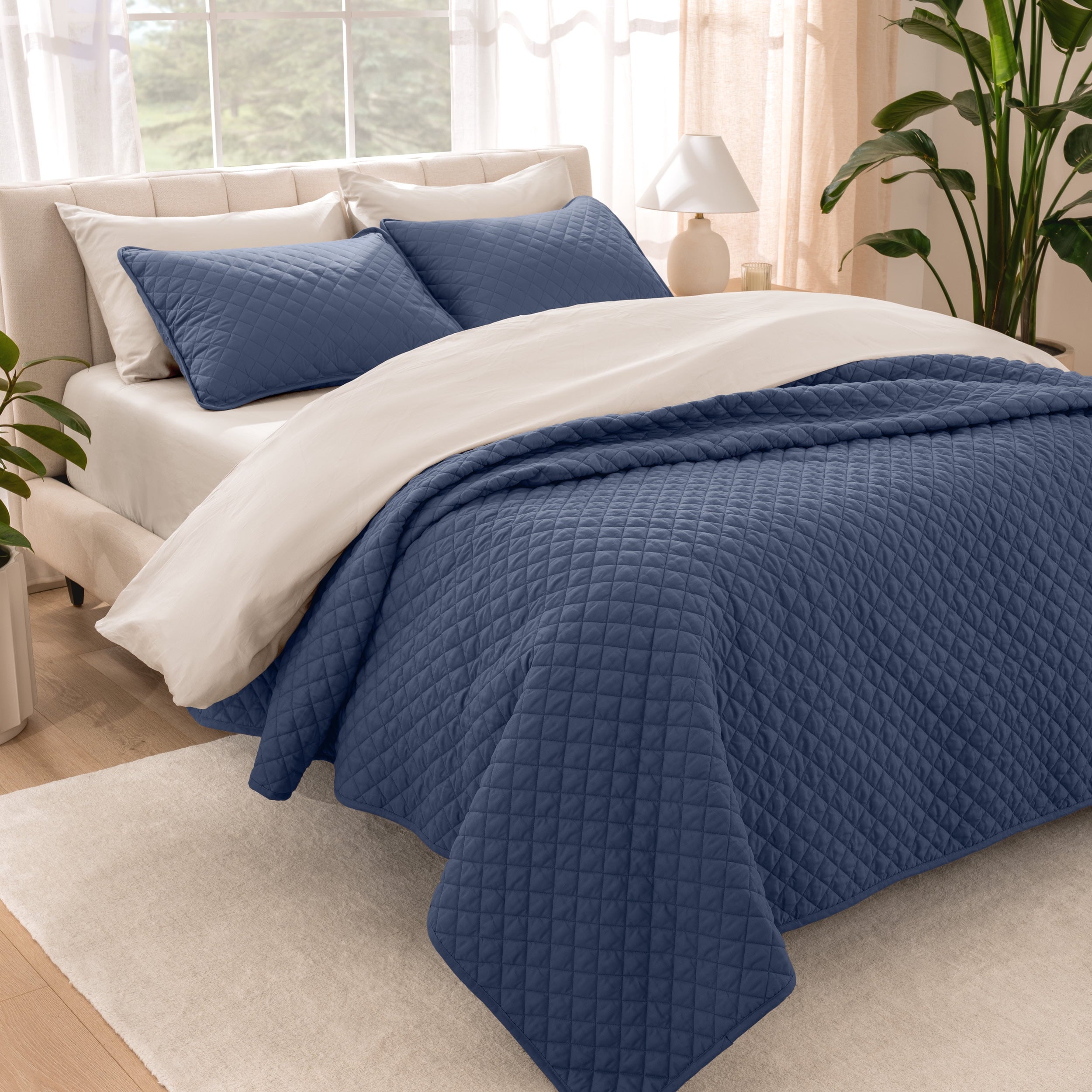 Bare Home Quilt Set - 3 Piece - Diamond Stitched Bedspread Coverlet - Full/Queen, Light Gray