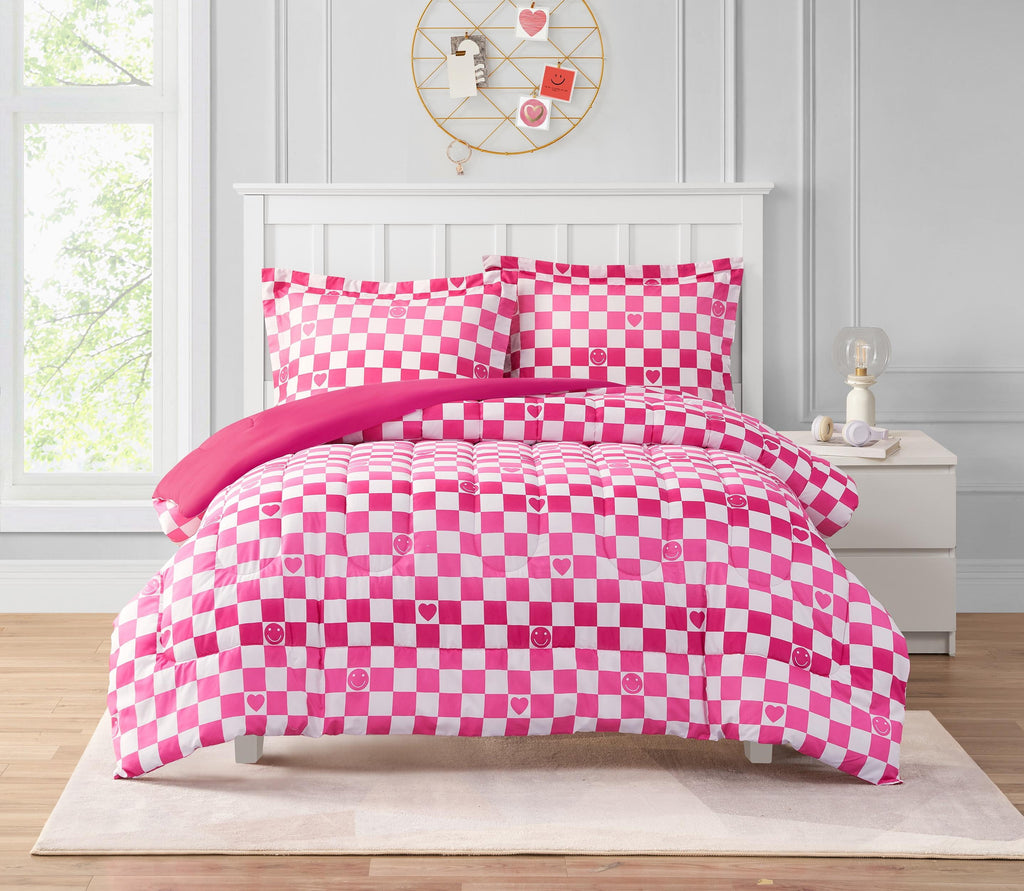 Checkerboard Hearts Hot Pink 2-Piece Ultra Soft Microfiber Comforter Set - Twin