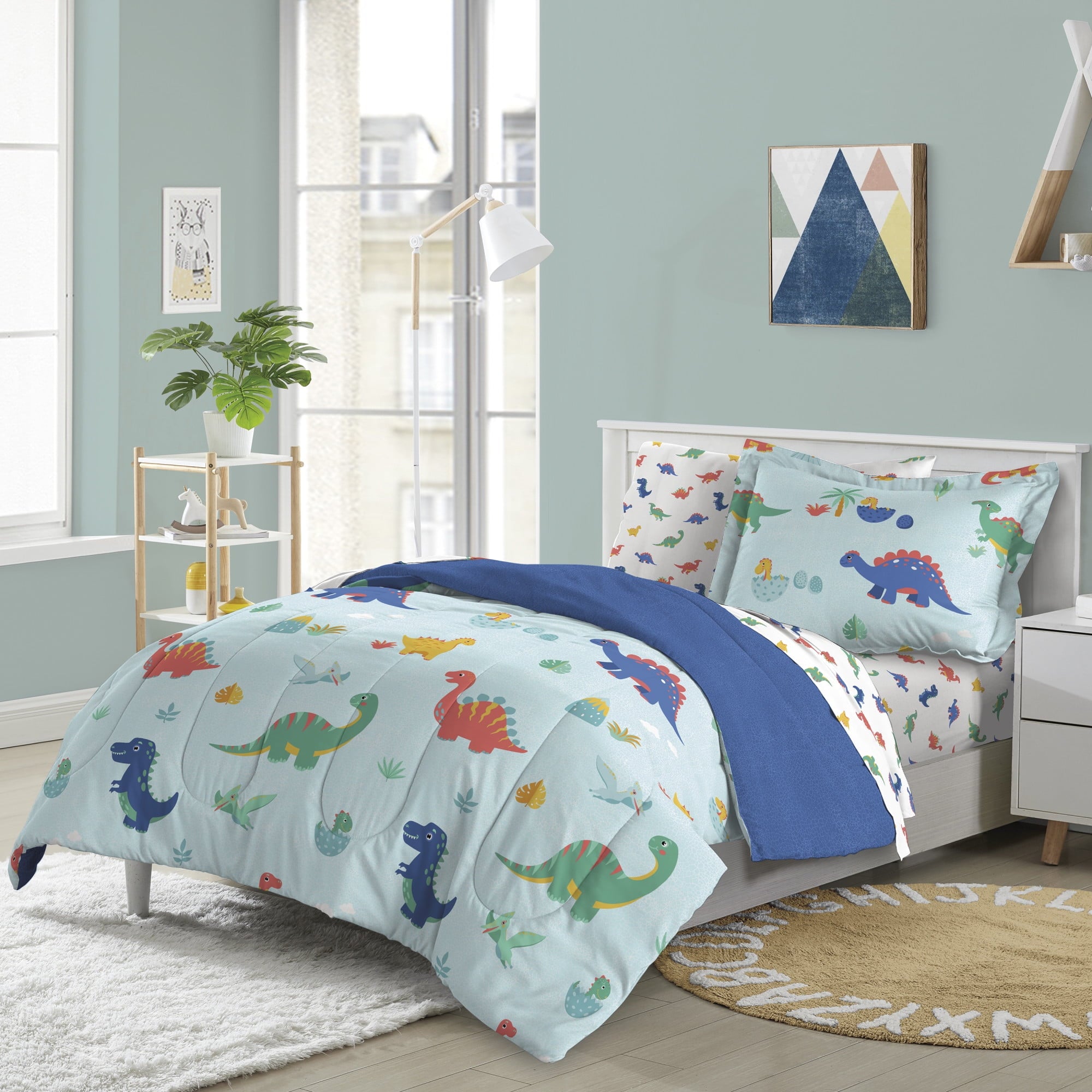 Dream Factory Sweet Dino Full Bed in a Bag Blue, Microfiber, 100% Polyester Fill, Male, Child