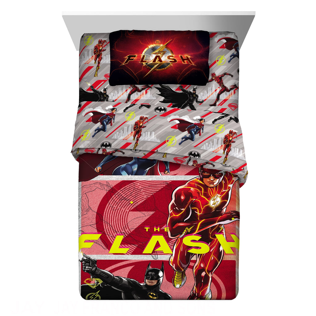 The Flash Kids 4 Piece Red Gray Reversible Comforter, Bed in a Bag, Twin