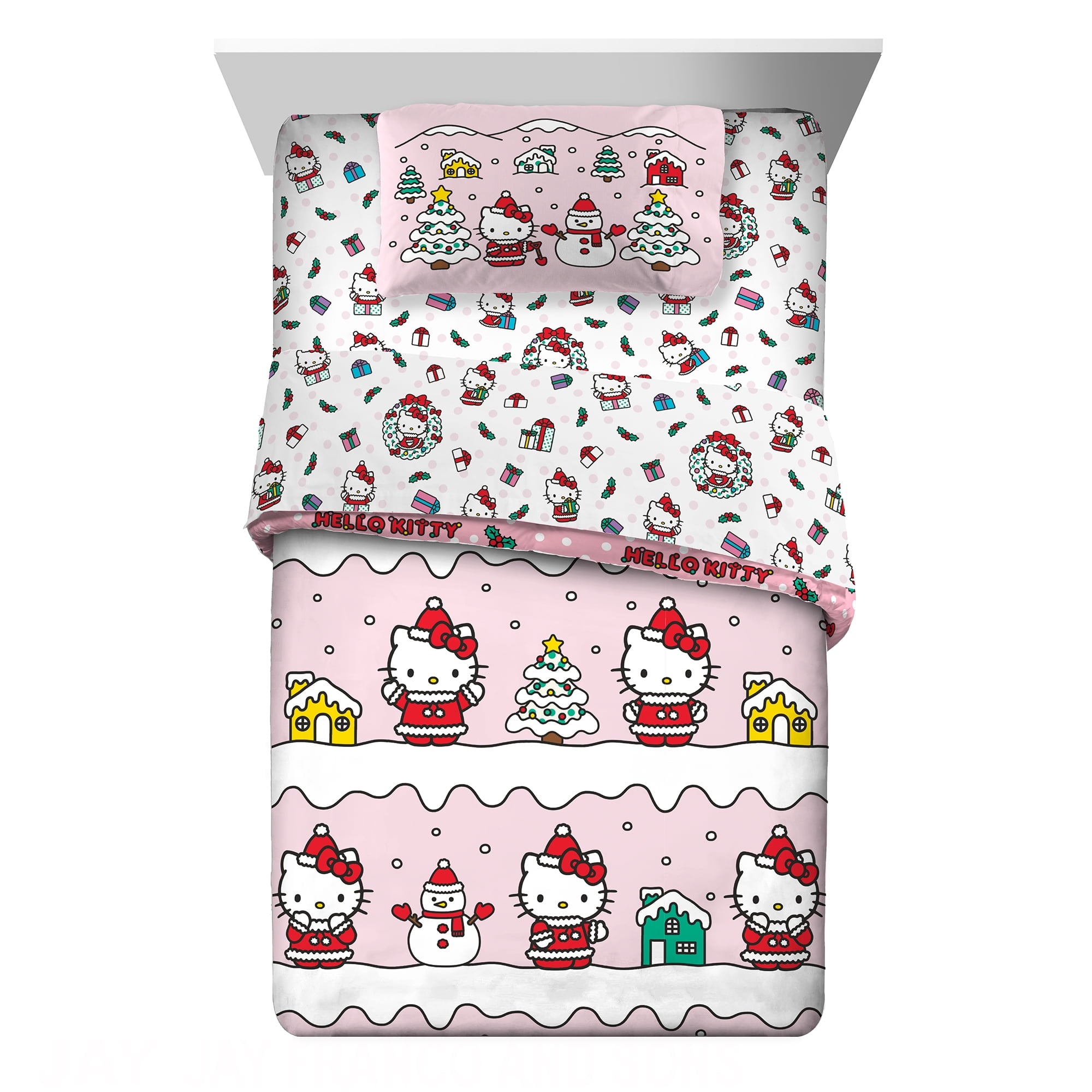 Hello Kitty Holiday Kids 6 Piece Reversible Comforter, Bed in a Bag, Queen