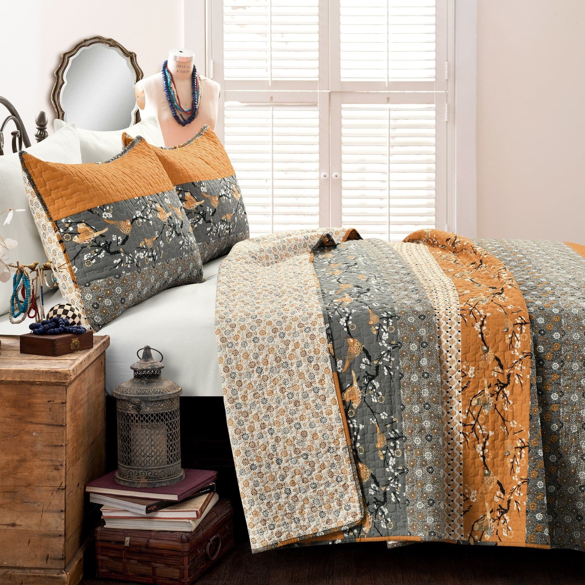 Lush Decor Royal Empire Stripe Cotton Reversible Quilt, Full/Queen, Tangerine, 3-Pc Set