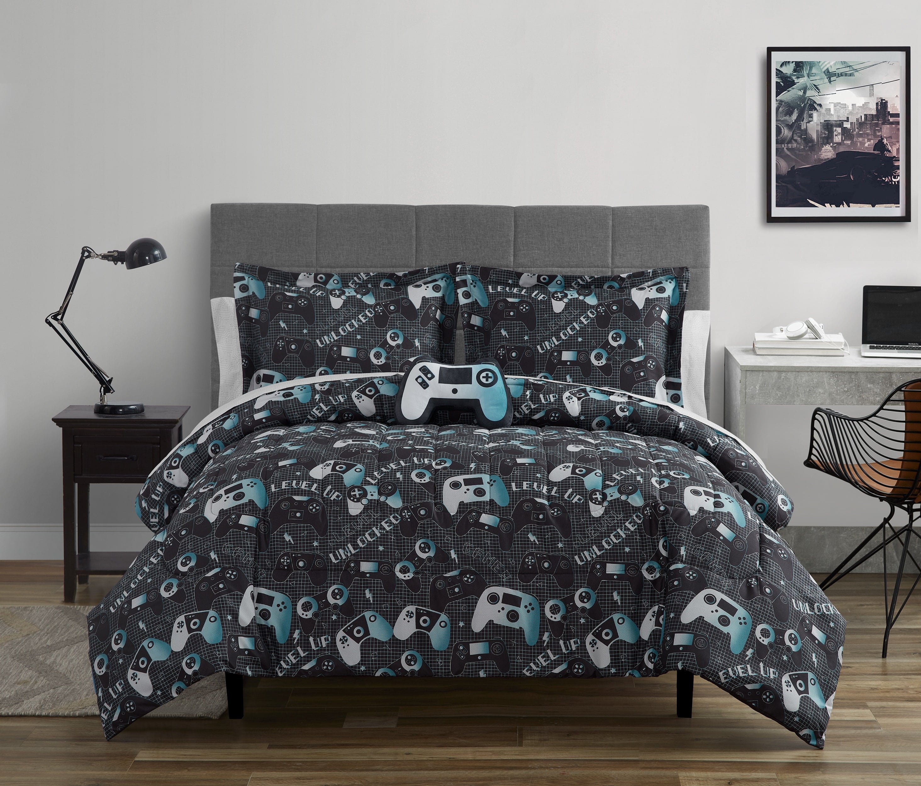 Next Level Dark Grey/Blue 4-Piece Microfiber Comforter Set - Full
