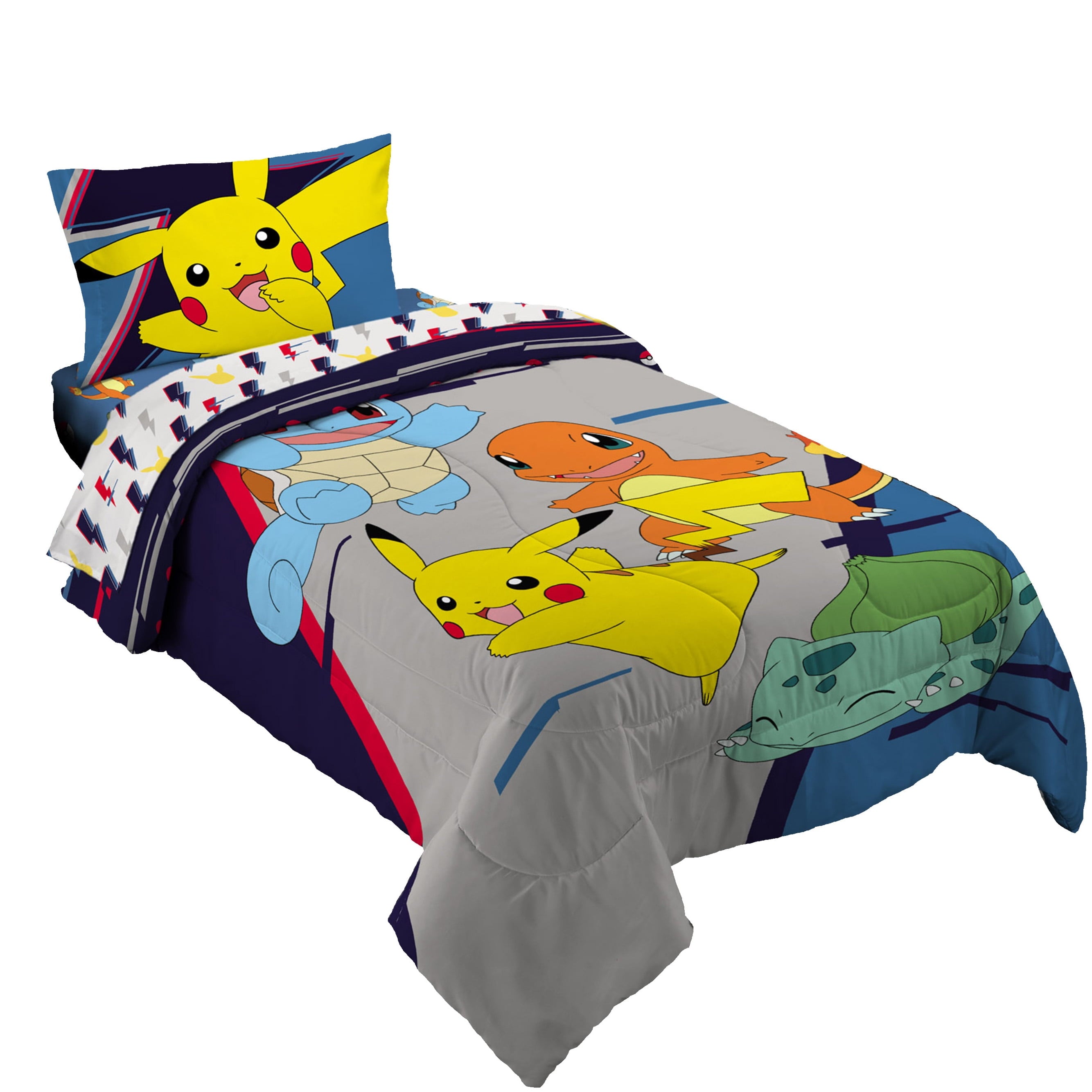 Pokemon Kids 5 Piece Gray Blue Reversible Comforter, Bed in a Bag, Full
